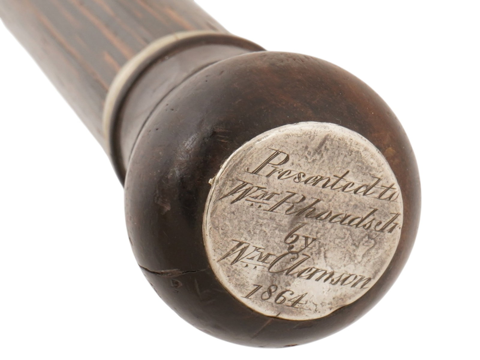 ANTIQUE WOOD AND SILVER WALKING CANE WITH DEDICATION - 4