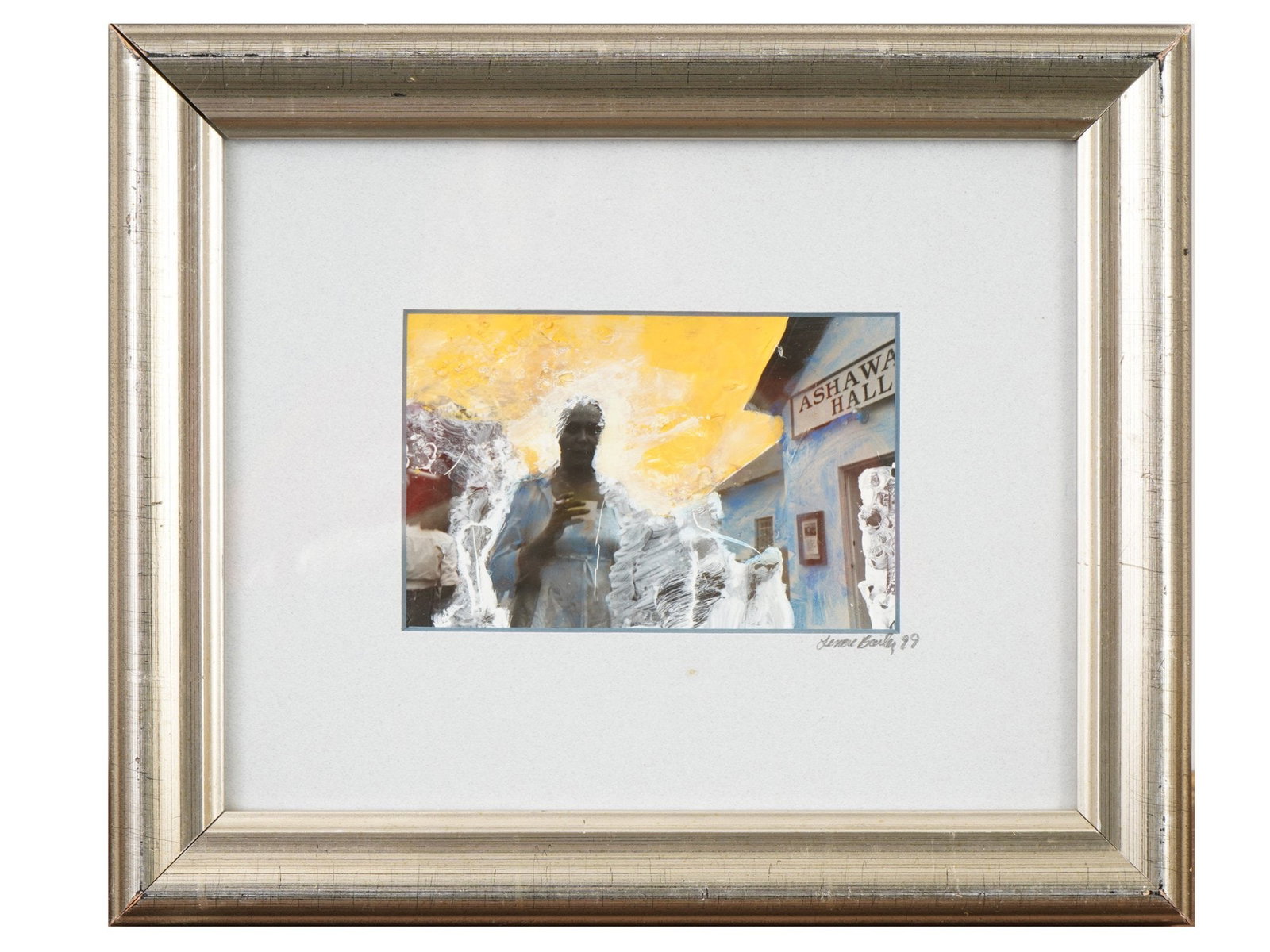 AMERICAN PAINTED PHOTOGRAPH SIGNED LENORE BAILEY: A vintage American New York hand painted fine art photograph. Signed Lenore Bailey and dated 1999 lower right. Matted and framed. The artwork depicts a semi-abstract composition with a female figure a