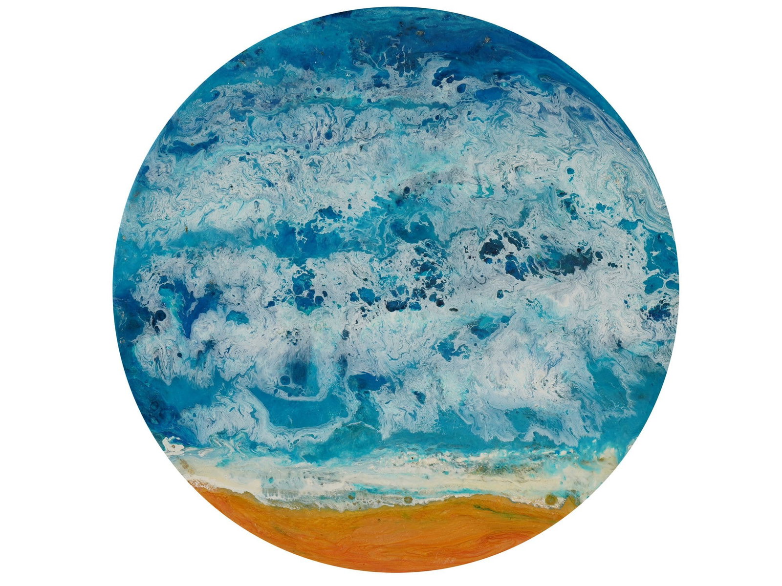 ACRYLIC AND EPOXY RESIN PAINTING BY KELSEA WOMER: A modern abstract seascape painting created using fluid art technique with acrylic and epoxy resin finish by Kelsea Womer. The round painting with abstract sea wave motifs on a wooden board. Signed To