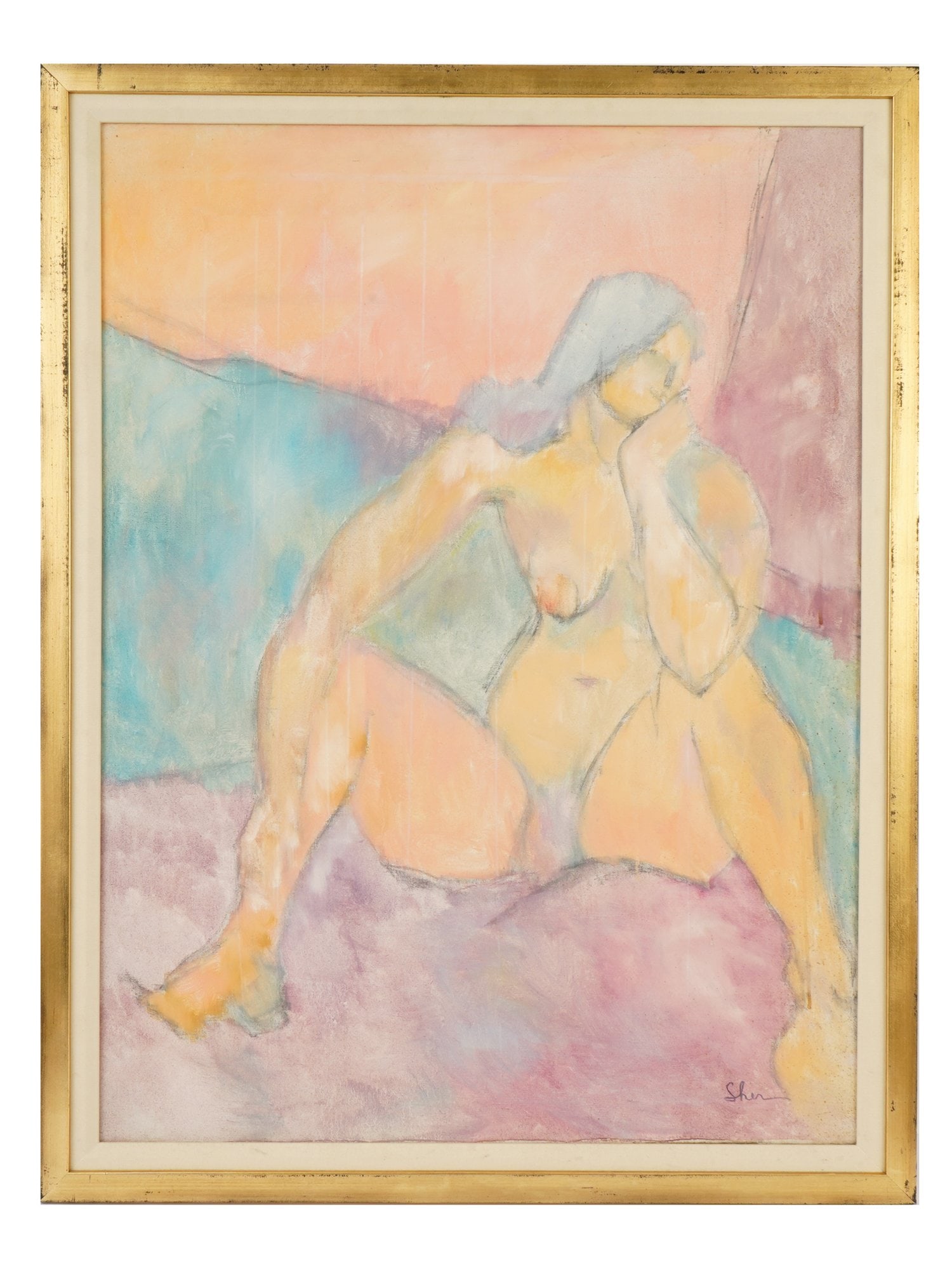 MODERNIST NUDE PORTRAIT OIL PAINTING SIGNED SHER: A Modernist oil painting on canvas depicting a portrait of a nude woman. Signed by the artist, Sher, lower right. Framed. Additionally inscribed, Sher, on the backside. Modernist and Contemporary Fine