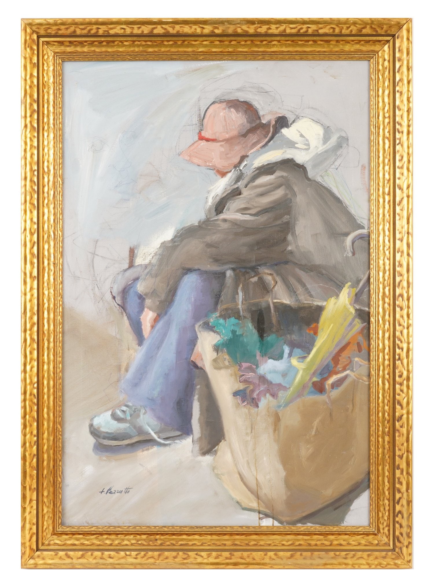 ATTR TO THERESA PEZZUTTI PORTRAIT OIL PAINTING: Attributed to Theresa Pezzutti, a Contemporary artist, an oil painting on canvas depicting a portrait of a seated woman with a shopping bag. Signed by the artist, T. Pezzutti, lower left. Framed. Mode