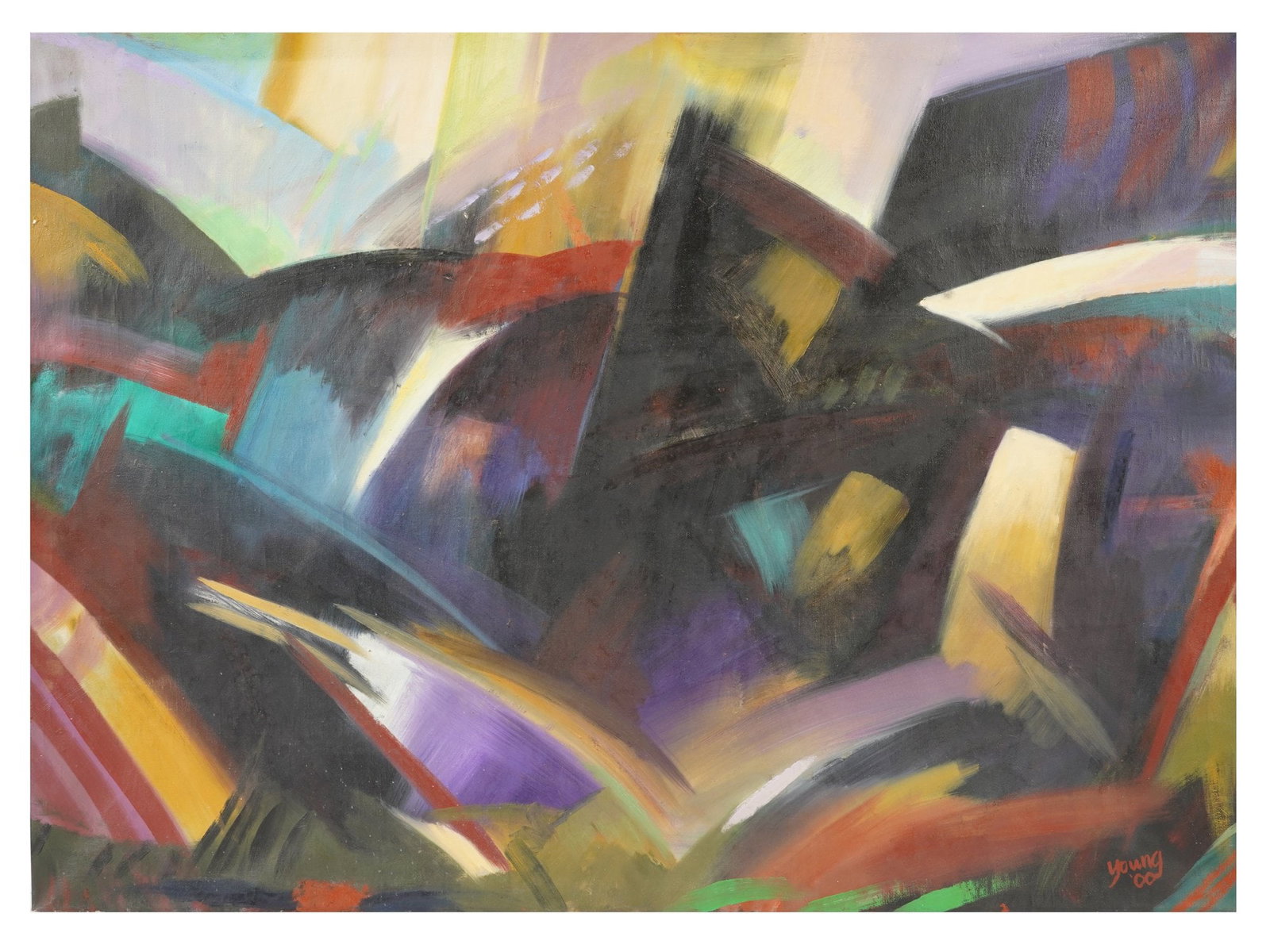 MODERNIST ENGLISH OIL PAINTING SIGNED MALCOLM YOUNG: A Modernist oil painting on canvas, The Siege of Leningrad, Leningrad Symphony, 2000. Signed, Young and dated 00, lower right. Additionally titled on the backside. Malcolm Young, English, born 1937, i