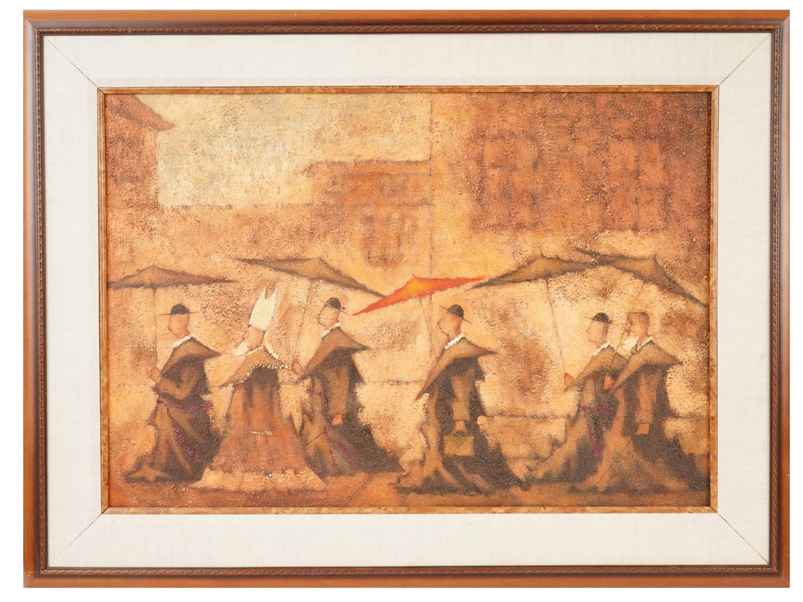 IMPRESSIONIST MANNER OIL PAINTING SIGNED BY ARTIST: An oil painting on canvas depicting a procession genre scene in the Impressionist manner. Inscribed by the artist, Emil, on the backside. Framed. Modernist and Contemporary Fine Art, Post
