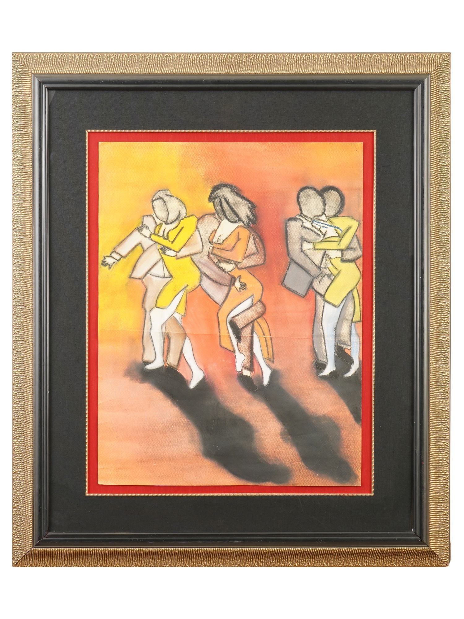 CONTEMPORARY DANCERS SCENE PASTEL PAINTING FRAMED: A Contemporary pastel painting on paper depicting a genre scene with couples of dancers in the Fauvist manner. Unsigned. Framed. Modernist and Contemporary Fine Art, Naive Portrait and Genre Scene Pai