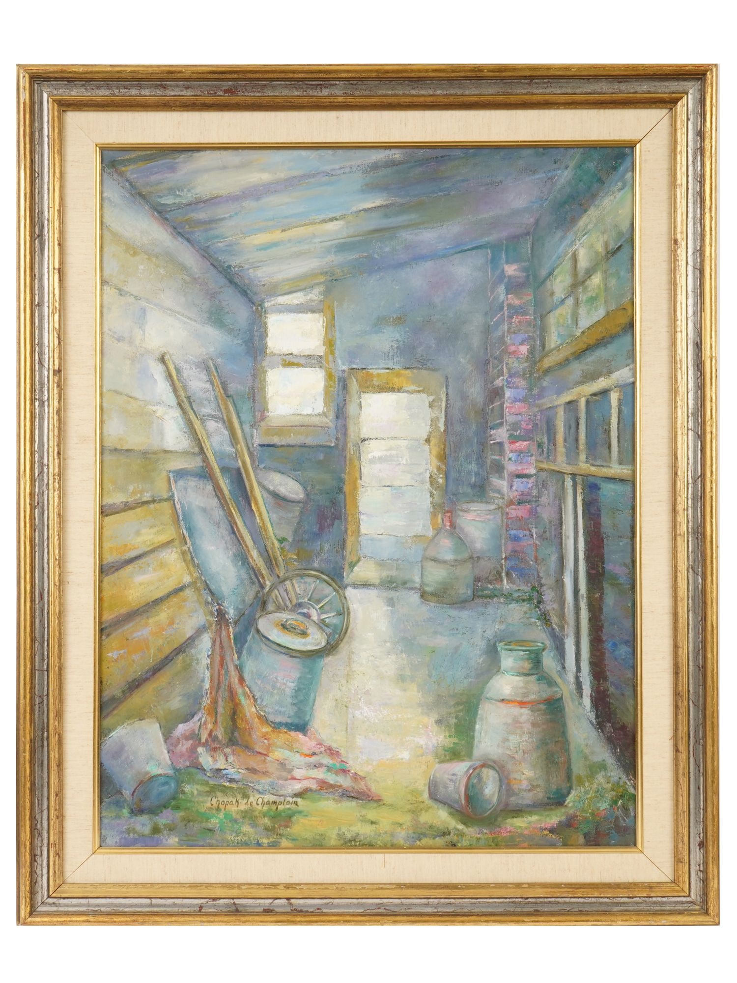RURAL OIL PAINTING SIGNED VERA CHOPAK DE CHAMPLAIN: An oil painting on canvas depicting a barn interior. Signed, Chopak de Champlain, lower left. Framed. Vera Chopak de Champlain, born 1928, an American artist of German descent, a recognized master of
