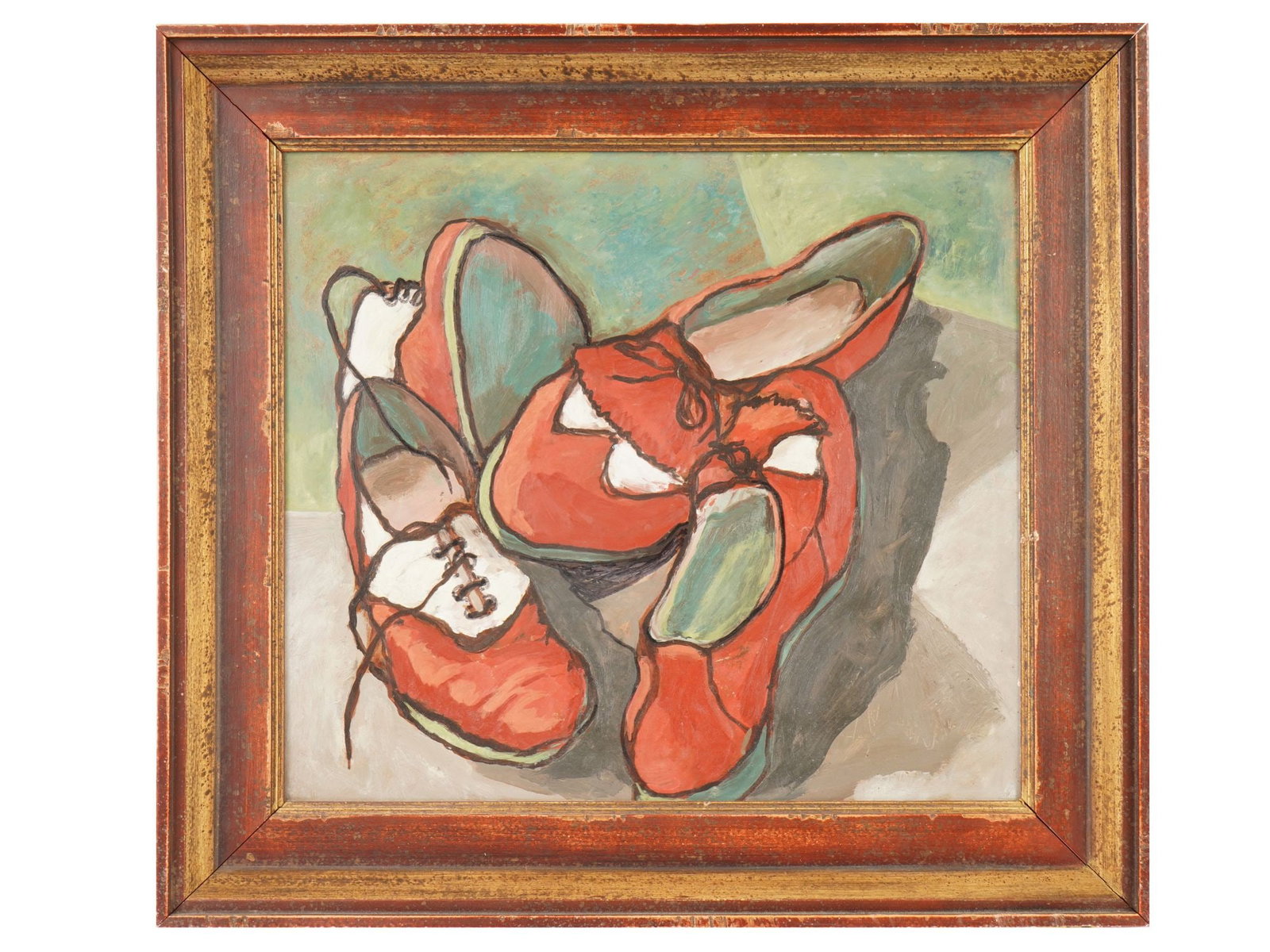 MID CENTURY AMERICAN PAINTING RED SHOES UNSIGNED: A mid-century American oil painting on masonite board, unsigned, featuring a composition centered on the red shoes. Framed. Mid Century Paintings And Art Collectibles. THIS LOT IS ELIGIBLE FOR A