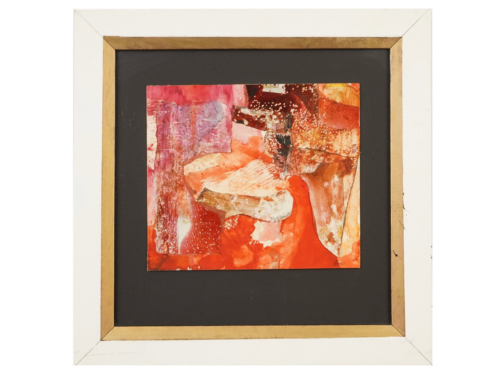 MID CENTURY PAINTING SIGNED JOHN HOWARD GOULD: A mid-century oil collage painting on paper signed lower right for John Howard Gould, Canadian, 1929 to 2010, was a prominent painter, draughtsman, and filmmaker. Framed. Inscribed on verso. Mid