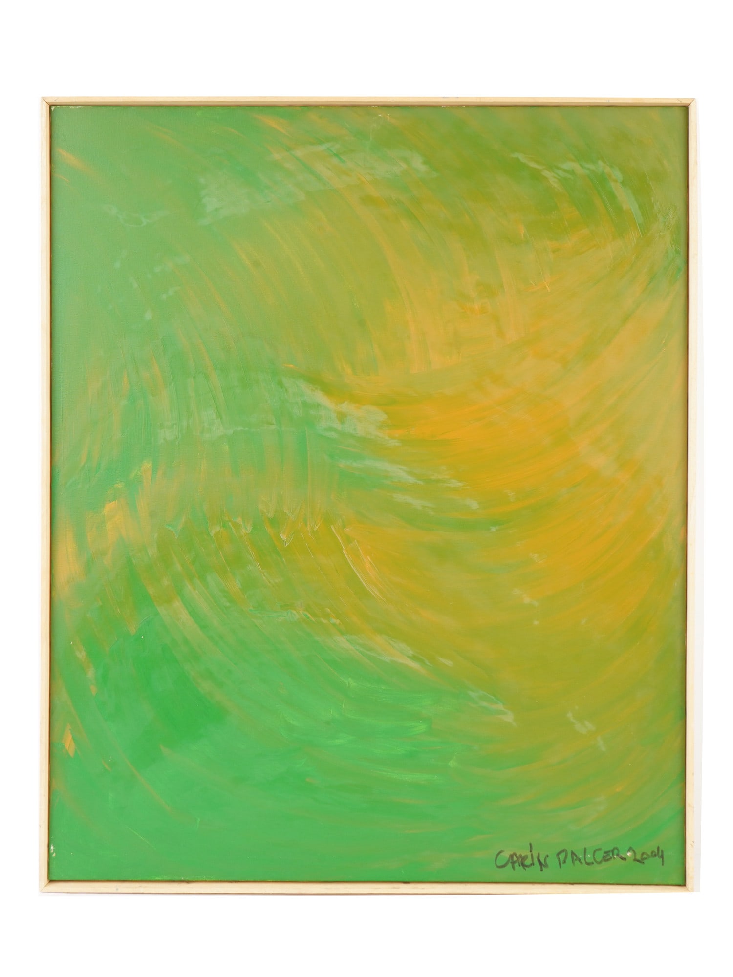 CARIN PALCER AUSTRIAN ABSTRACT OIL PAINTING: Carin Palcer, Austrian, born 1966, oil painting on canvas. Abstract swirl composition in green and yellow. Titled Oasis on the backside. Signed and dated 2004 lower right. Framed. Carin Palcer studied