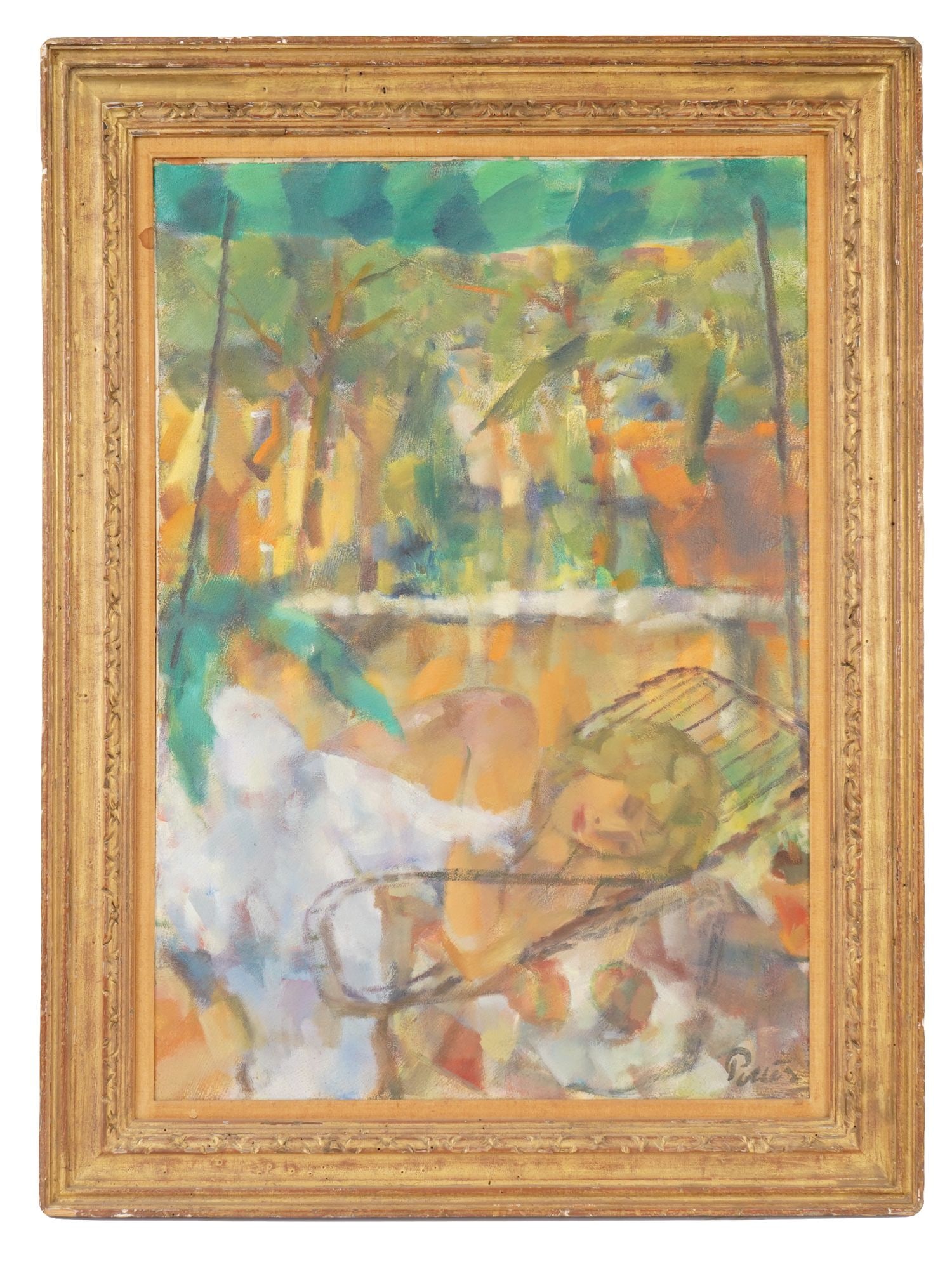 KURT POLTER GERMAN IMPRESSIONIST OIL PAINTING: Kurt Polter, German, 1914 to 1987, oil painting on canvas. The artwork captures a reclining female figure in landscape scenery. Impressionist pictorial manner. Signed lower right. Undated. Framed. Kur