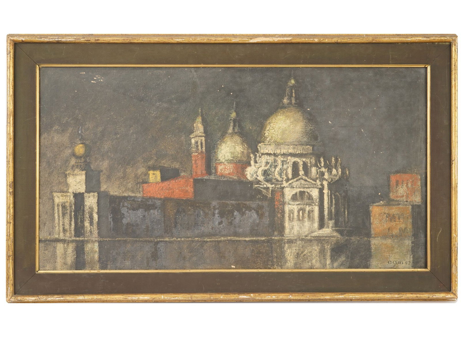 ERNEST OTTO MONDORF VENETIAN LANDSCAPE OIL PAINTING: Ernest Otto Mondorf, German-American, 1924 to 2008, oil painting on canvas. The artwork depicts a view of Santa Maria della Salute basilica in Venice, Italy. Signed with initials and dated 1957 lower 