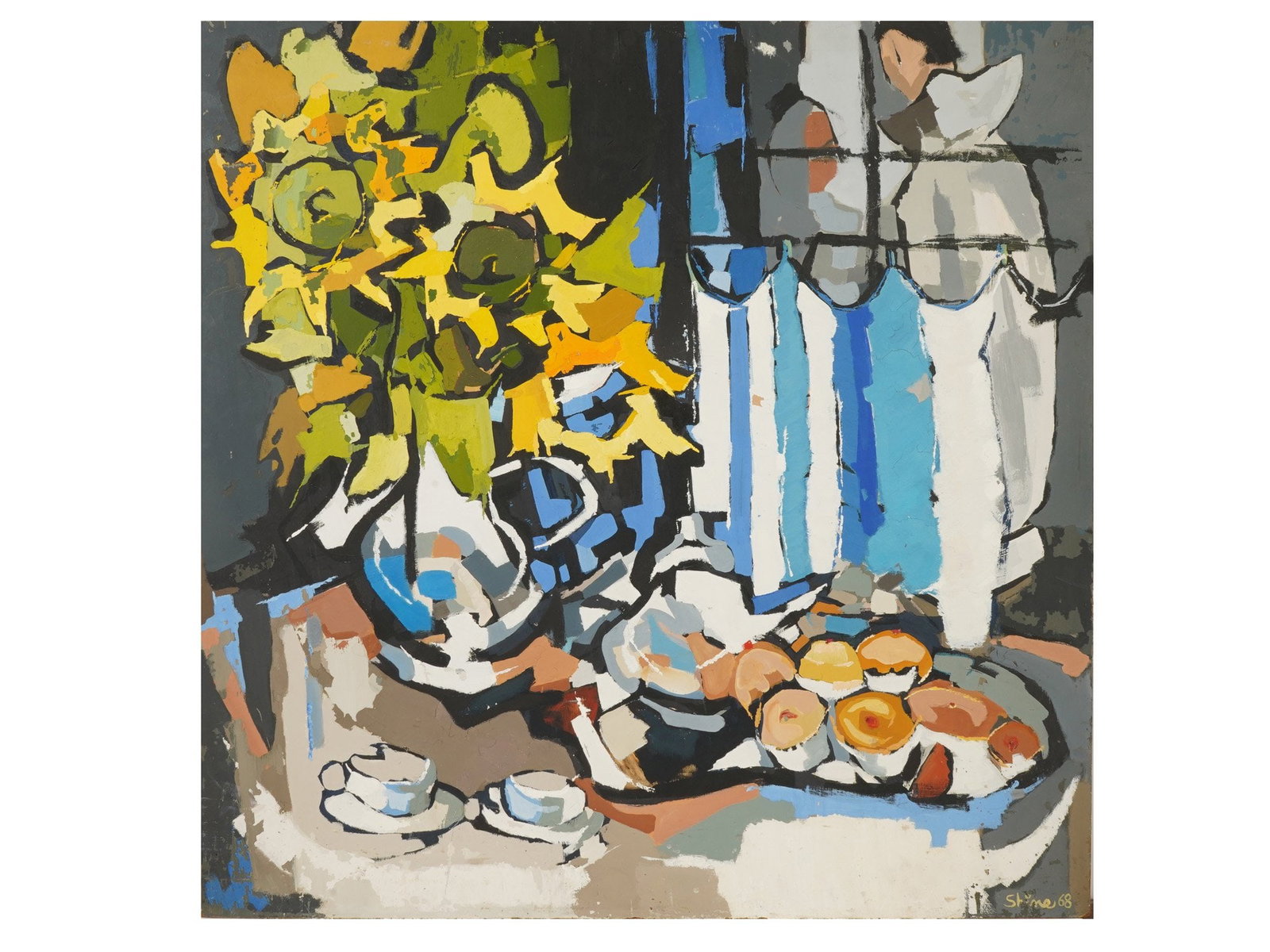 MID CENTURY STILL LIFE OIL PAINTING SIGNED SHINE: Oil on board painting. American school. Still life with a vase of sunflowers, fruit, and tea service. The composition is executed in vivid color patches. Signed Shine and dated 1968 lower right. Unfra