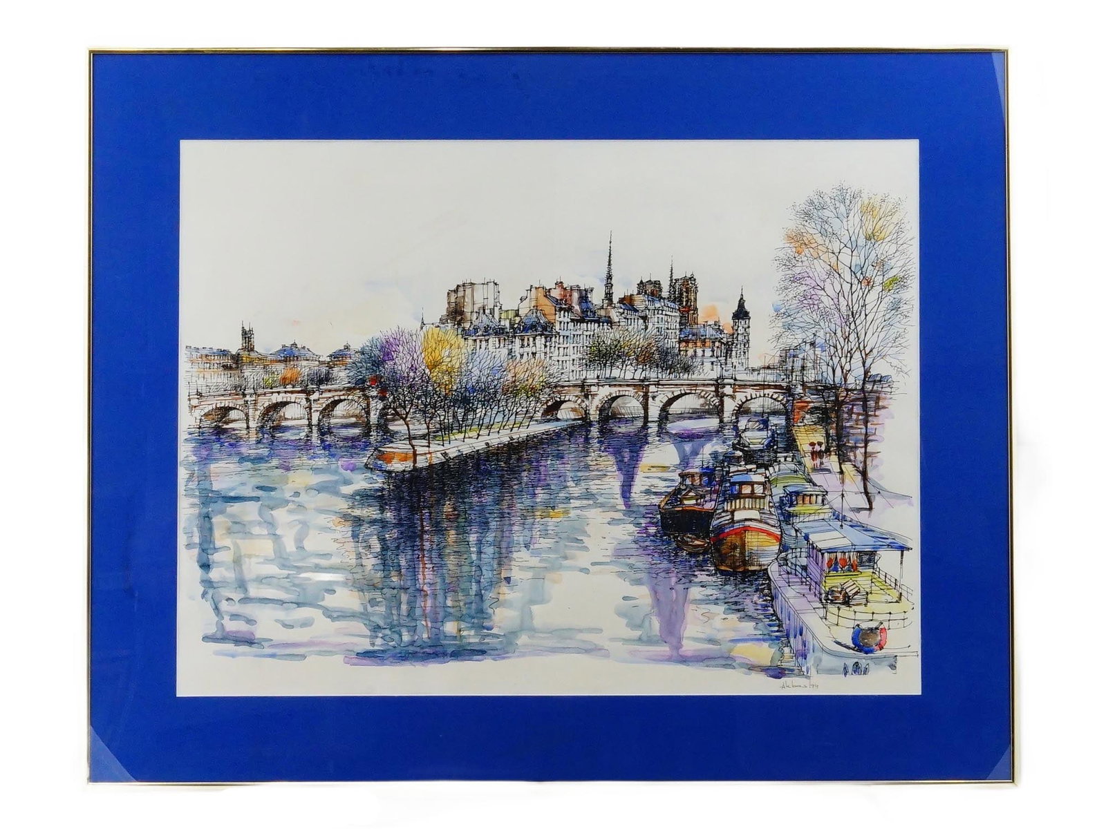 PARISIAN CITYSCAPE WATERCOLOR PAINTING SIGNED AKBAS: Watercolor and ink on paper painting. A panoramic view of Notre Dame Cathedral in Paris, France. Signed Akbas and dated 1994 in the lower right. Matted and framed. Collectible Graphic Art And Wall Dec