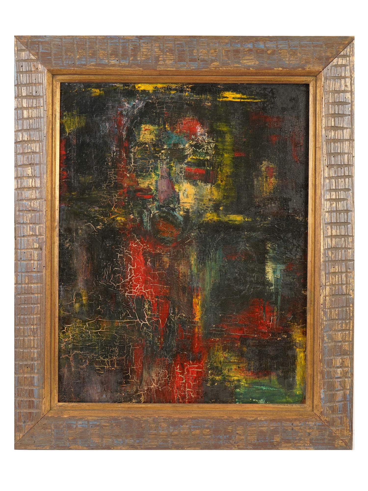 LATE 20TH C ABSTRACT PORTRAIT OIL PAINTING: Oil painting on canvas. Dated mid to late 20th century. Abstract portrait in red, green, and yellow color. The figure seems to fluoresce, protruding from a dark background. Craquelure surface. Unsigne