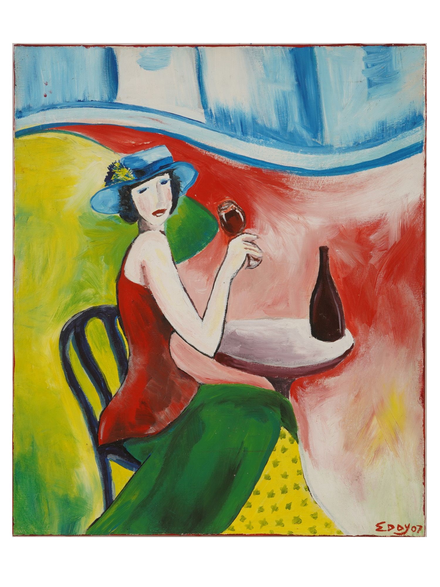 MODERN EXPRESSIONIST WOMAN PAINTING SIGNED EDDY: A contemporary figurative oil painting on canvas in the Expressionist style. The composition depicts a stylish woman in a wide-brimmed hat seated at a bistro table. Signed Eddy and dated 2007 in the l