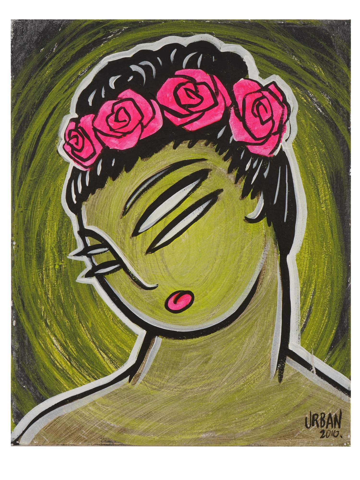 CONTEMPORARY PORTRAIT MIXED MEDIA PAINTING SIGNED: A Contemporary mixed media painting on canvas depicting a portrait of a woman. Signed by the artist, Urban, and dated 2010, lower right. Modernist and Contemporary Fine Art, Female Portrait Paintings,