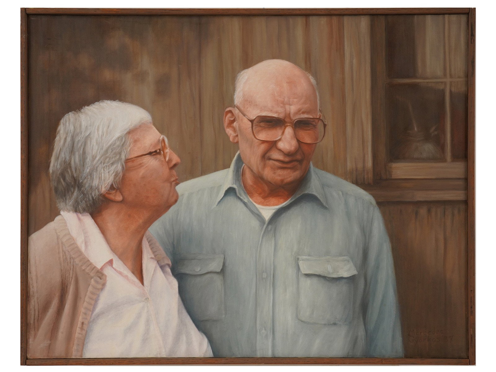 AMERICAN PORTRAIT OIL PAINTING BY MERCEDES GYORKOS: Mercedes Gyorkos, American, 1928 to 2012, an oil painting on canvas depicting a realistic portrait of an elderly couple. Signed and dated 87, lower right. Framed. Mercedes Gyorkos, 1928 to 2012, was