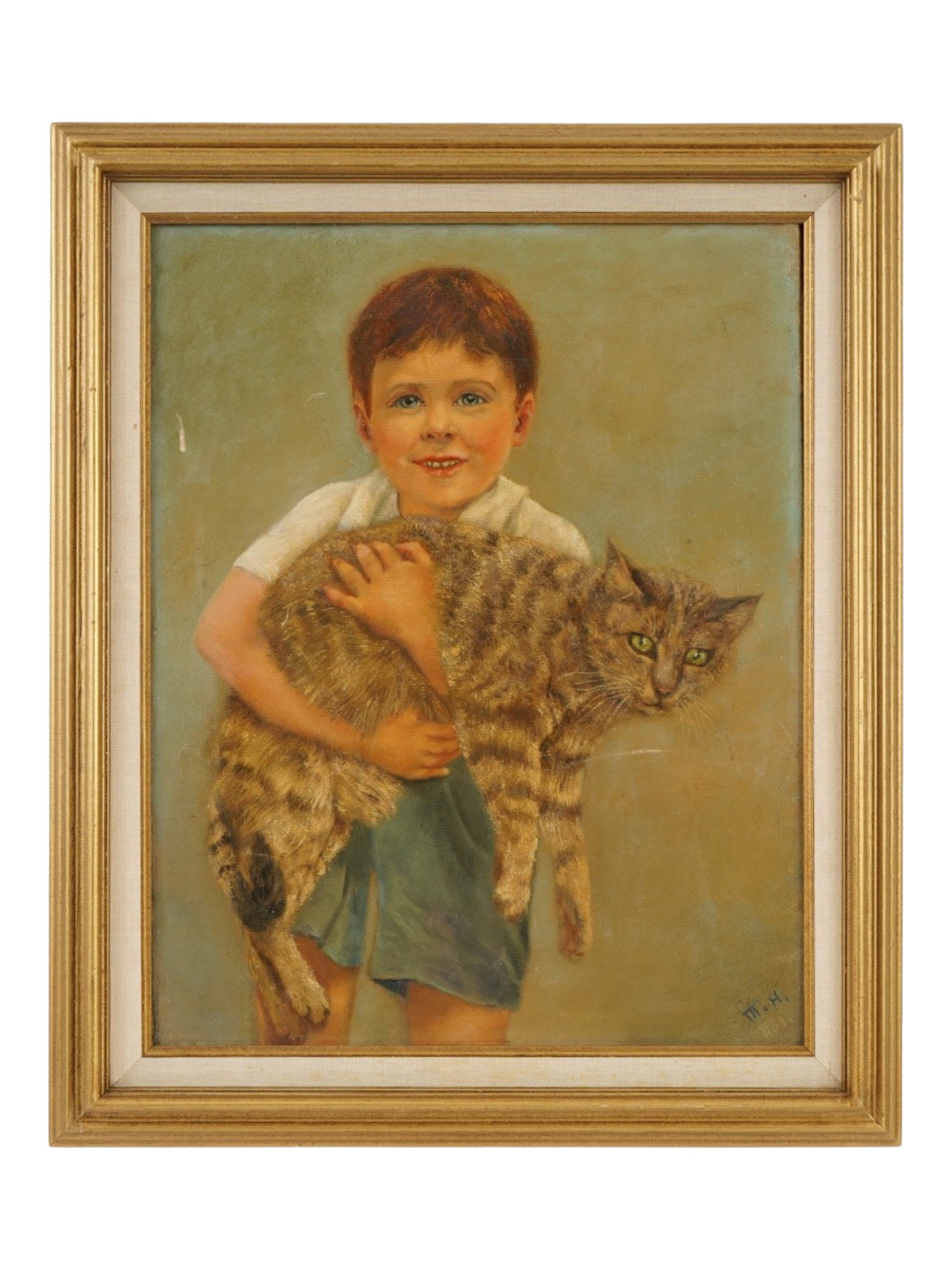 MID CENTURY OIL PAINTING ON CANVAS BOY WITH A CAT (1 of 5)
