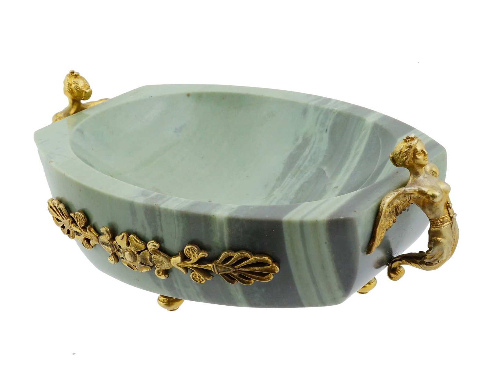 RUSSIAN GILT SILVER KOLYVAN JASPER CENTERPIECE BOWL: A Russian gilst-silver Kolyvan jasper centerpiece bowl. Fitted with classical mermaid-form gilt-silver mounts, a neoclassical rosette and acanthus frieze, and three gilt button feet. Russian Hardstone
