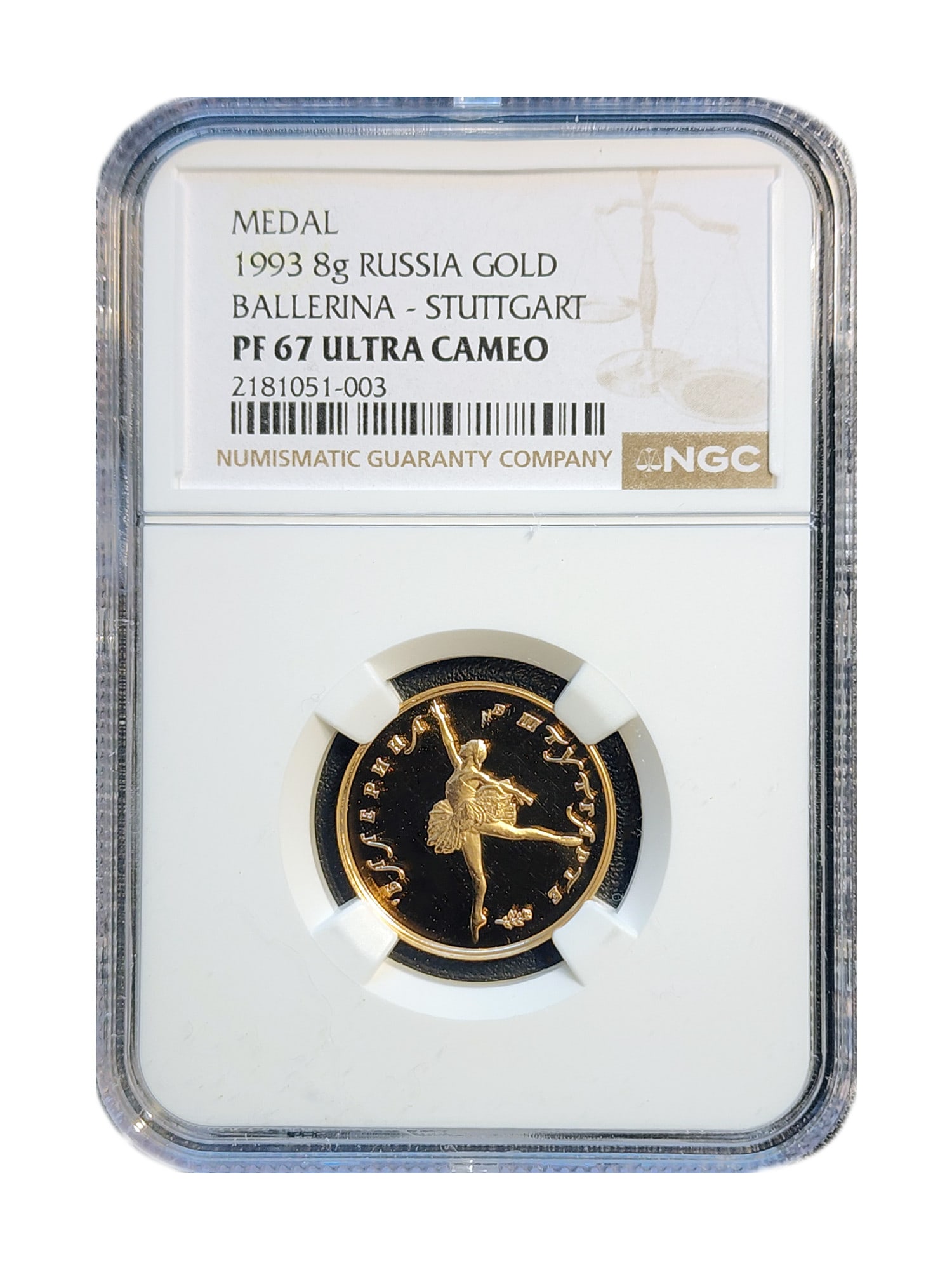 RUSSIA 1993 GOLD COIN MEDAL BALLERINA IN STUTTGART - RARE: Russia Gold 1993 Ballerina in Stuttgart medal. Weight: 8 g, diameter: 22mm, composition: gold (.999). Extremely rare mintage: 1000 only. THIS LOT IS ELIGIBLE FOR A 30-DAY UNCONDITIONAL RETURN FROM