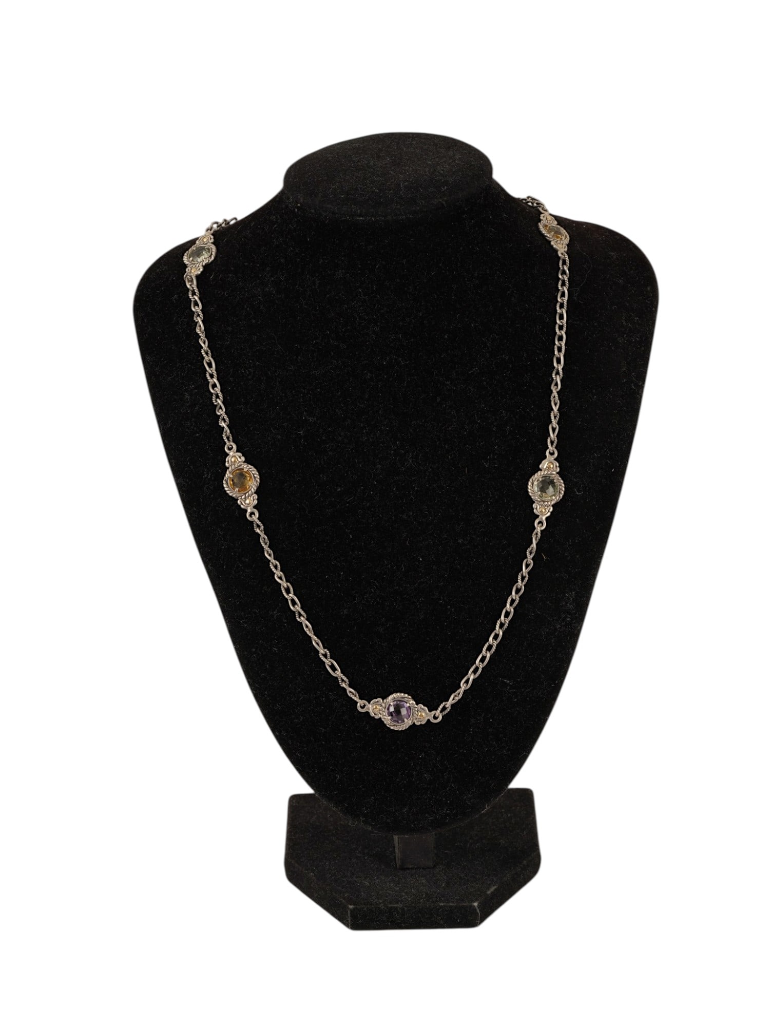 VINTAGE STERLING SILVER 18K GOLD GEMSTONE NECKLACE: A vintage multi-gemstone necklace crafted from sterling silver with solid 18K yellow gold accents. Features round checkerboard-faceted gemstones including citrine, amethyst, and pale green prasiolite,