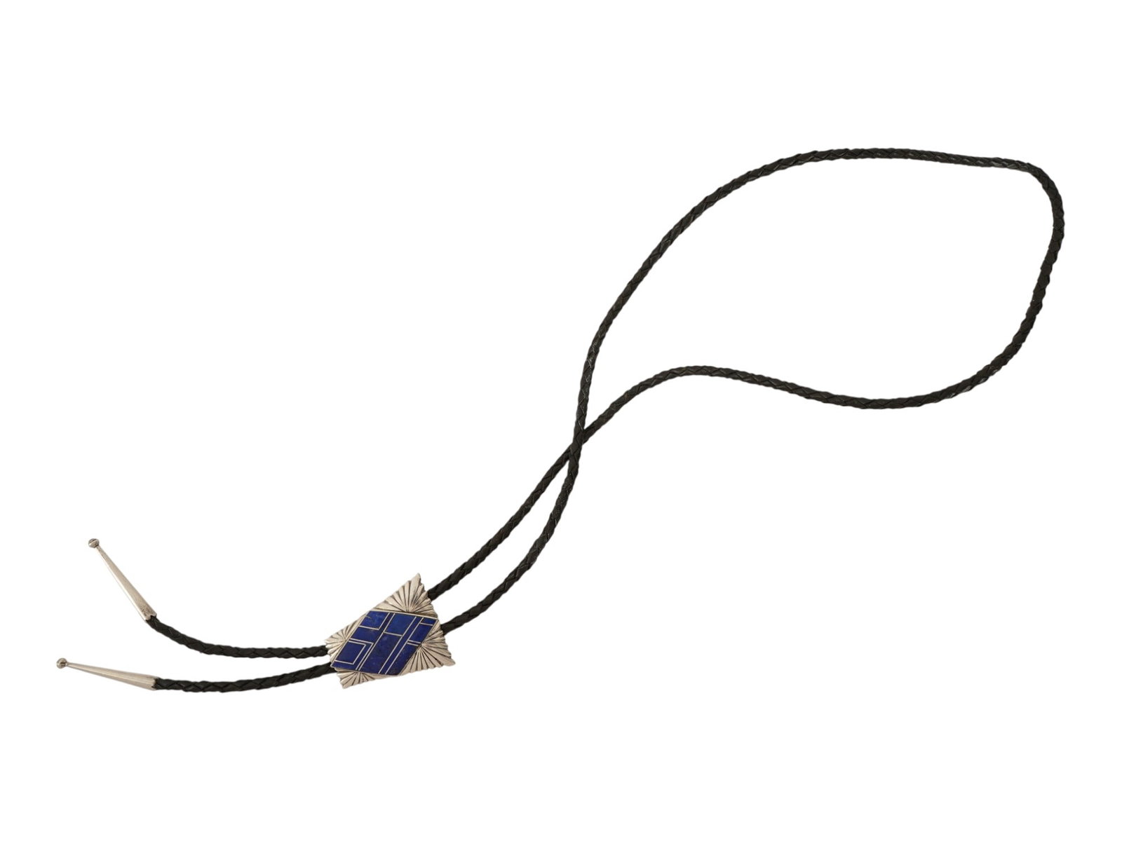VINTAGE AMERICAN OLD PAWN STERLING SILVER BOLO TIE: A vintage American Old Pawn sterling silver lapis lazuli bolo tie featuring geometric inlay. The angular sterling silver slide is set with deep blue lapis lazuli and decorated with hand-stamped sunbur