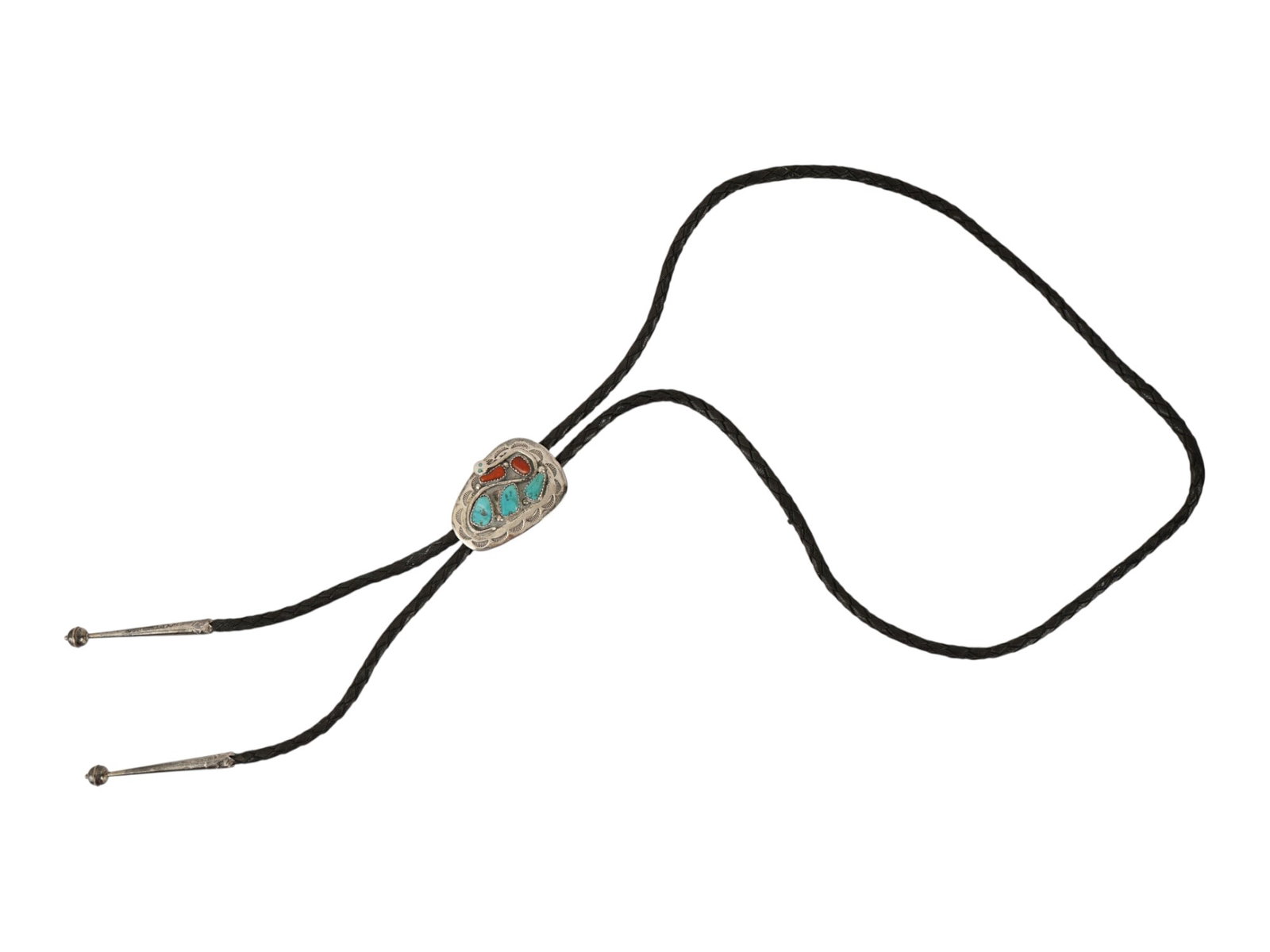 OLD PAWN SILVER TURQUOISE AND RED CORAL BOLO TIE: A vintage sterling silver and leather cord bolo tie. The silver part is inlaid with turquoise and red coral, representing a decorative panel. Marked Effie C. Zuni on the backside. Total weight: 45 g. 
