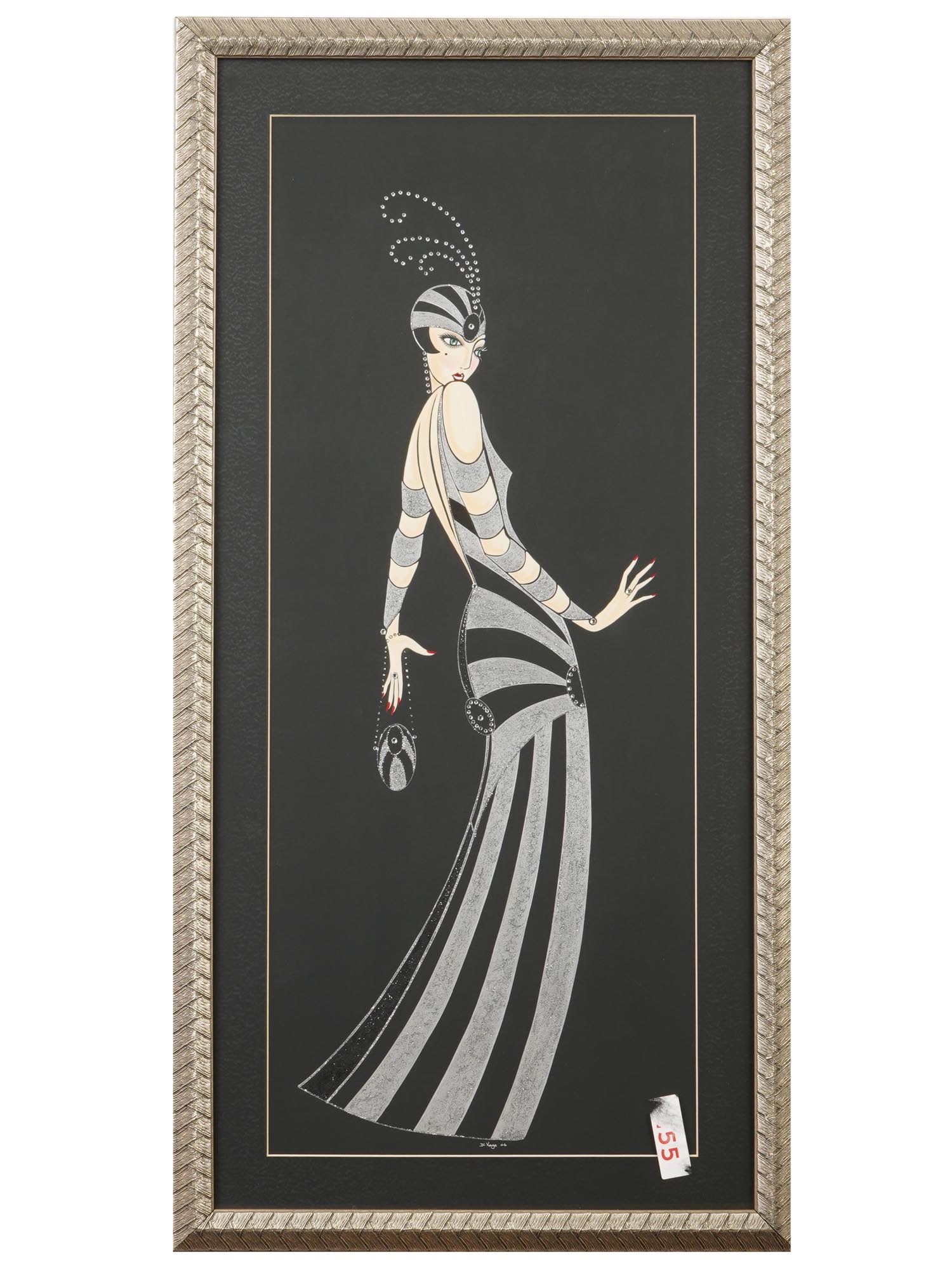 ART DECO DI KAYE MIXED MEDIA SWAROVSKI CRYSTALS ARTWORK: Diane Di Melville Kaye, British, born 1944, a mixed media artwork with Swarovski crystals depicting a portrait of a lady in the Art Deco manner, 2006. Signed and dated 06, lower to the center. Framed.