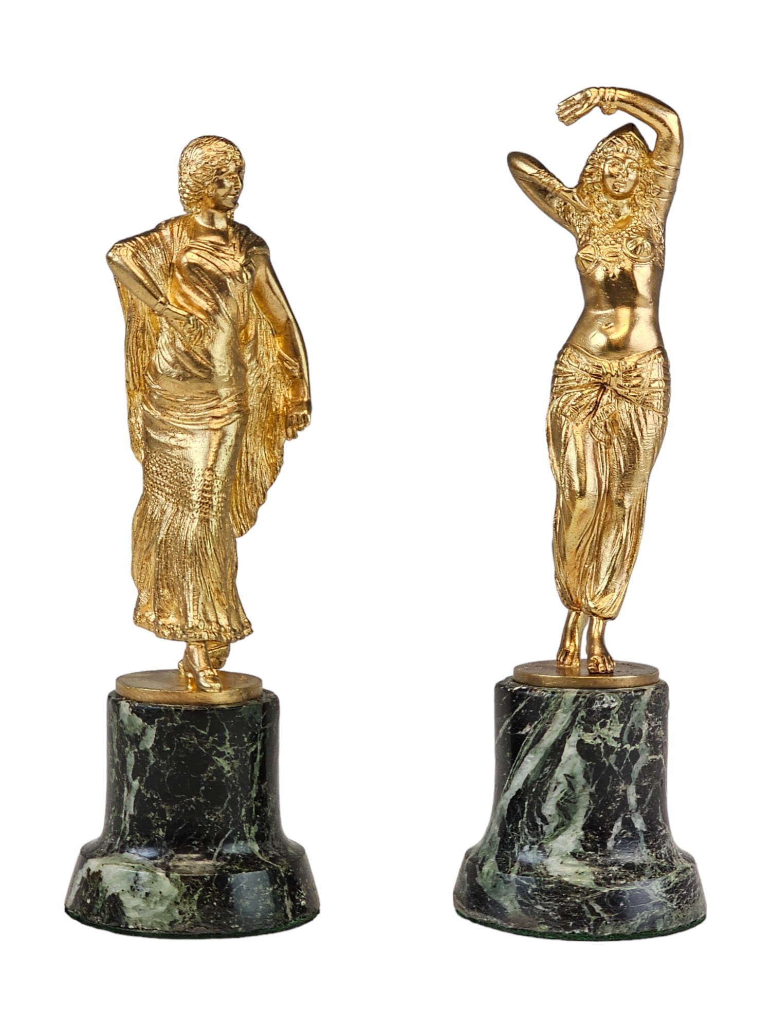 ANTIQUE GILT BRONZE STATUES OF DANCERS BY JOSE DUNACH: Jose Dunach, Spanish, French, 1886 to 1957, a pair of antique original heavy gilded bronze statues representing female dancers. Each is mounted on a round shaped base. Signed with a cast signature, J.