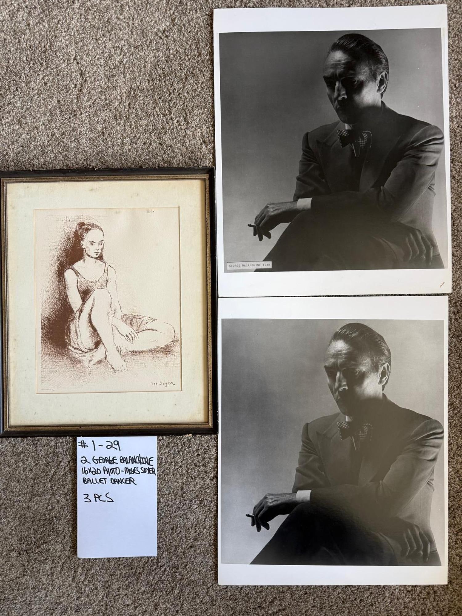 TWO GEORGE BALANCHINE 1948 PHOTO 16X20 MOSES SOYER BALLET: A lot of items related to the history of ballet. First. Two copies of a 1948 black-and-white photograph, portrait of George Balanchine, 1904 to 1983, a Russian-American ballet choreographer recognized