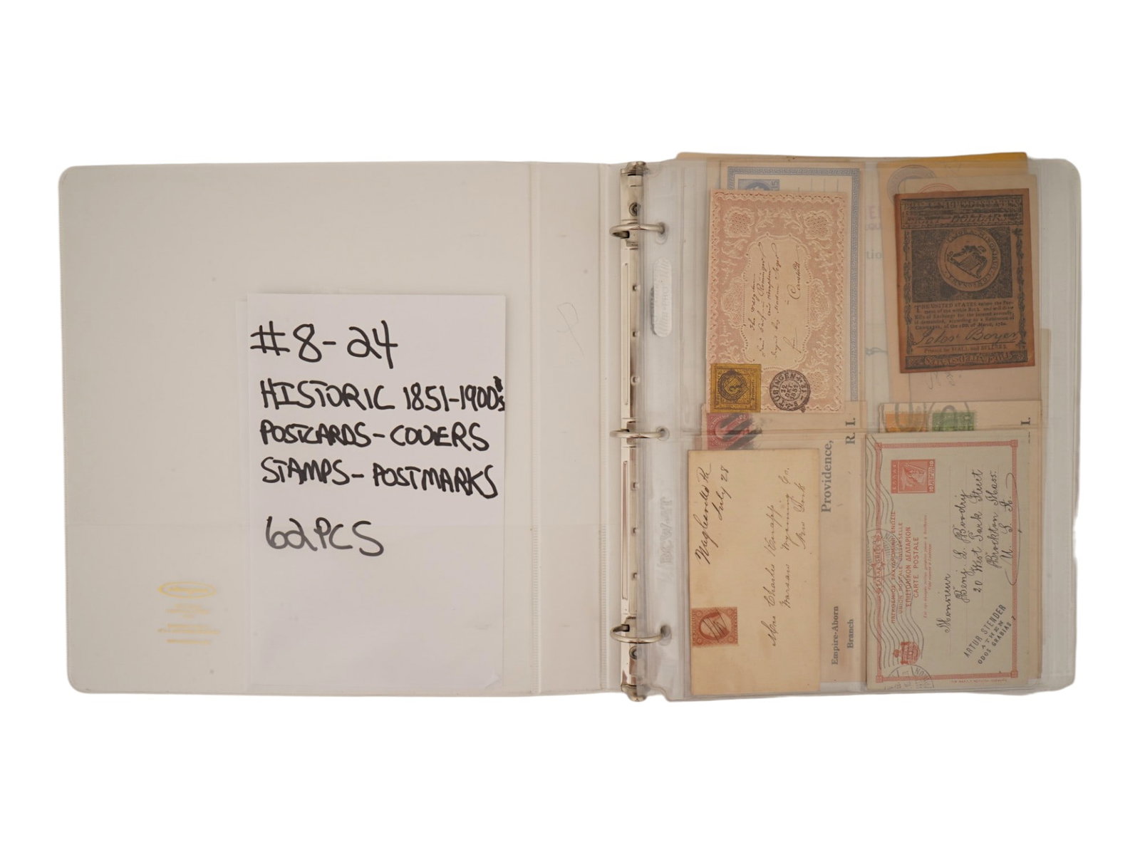 HISTORIC 1851-1900'S POSTCARDS-COVERS-STAMPS-POSTMARKS: A large collection of postal history spanning from 1851 through the turn of the century. Housed in a multi ring binder, the collection includes early definitive stamps, advertising covers, postal stat