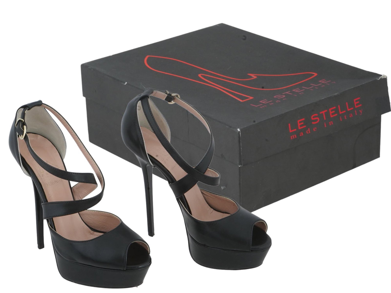 VINTAGE LE STELLE WOMENS BLACK LEATHER HEELS IOB: A pair of vintage womens black leather high heels by Le Stelle, an Italian shoes brand. European size 37. Stiletto type with double ankle strap and peep toe. The pair comes in original box. Vintage Fa