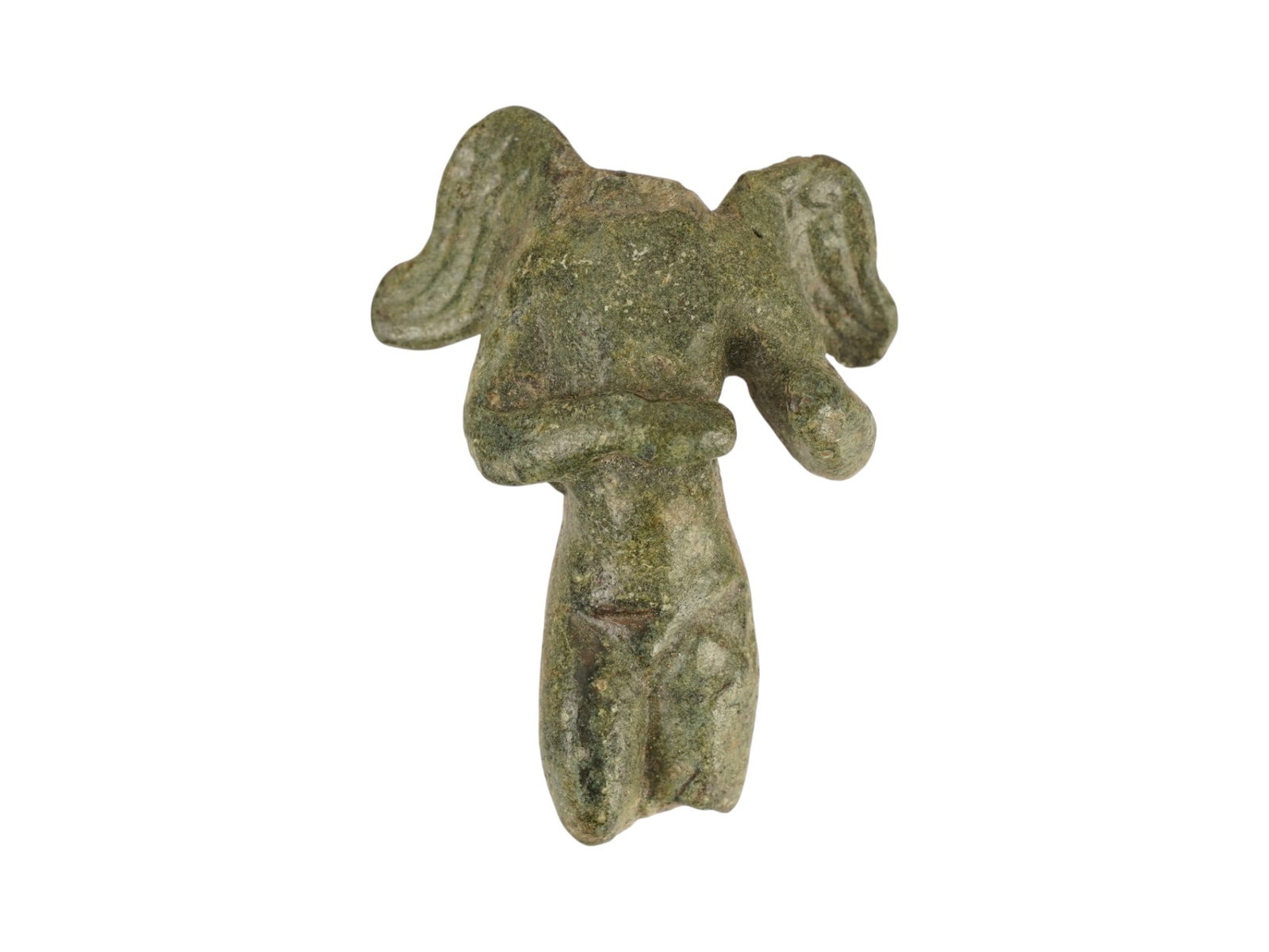 ANCIENT ROMAN BRONZE FRAGMENT OF EROS SCULPTURE: An ancient Roman bronze fragment of a winged figure, representing Eros and dating from approximately the 1st to 3rd century AD. The classical figure features prominent shoulder wings and a dynamic con