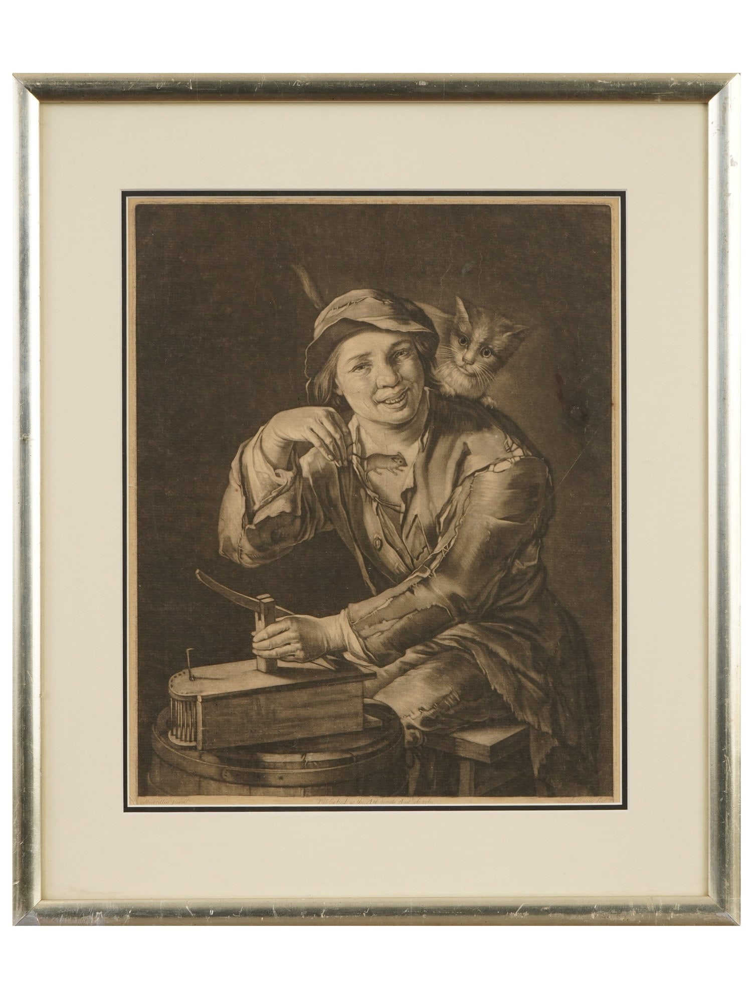 ANTIQUE MEZZOTINT ENGRAVING BY PHILIP DAW RAT CATCHER: An antique mezzotint engraving titled The Rat Catcher, engraved by Philip Dawe and published in 1769 after a painting by Giacomo Francesco Cipper. The genre scene depicts a young boy with a rat trap a