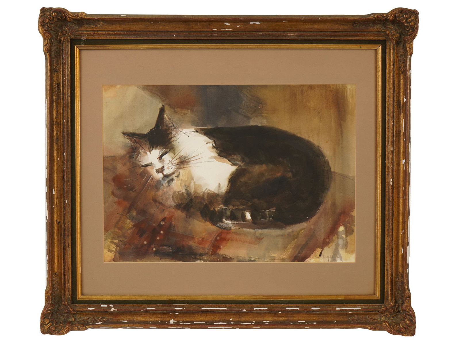 JEAN KOROLUCK AMERICAN PAINTING OF A SLEEPING CAT: Jean Koroluck, American, 20th century, a watercolor painting of a sleeping tuxedo cat. The composition combines deep translucent black washes with unpainted white highlights. Signed. Framed. Mid Centu