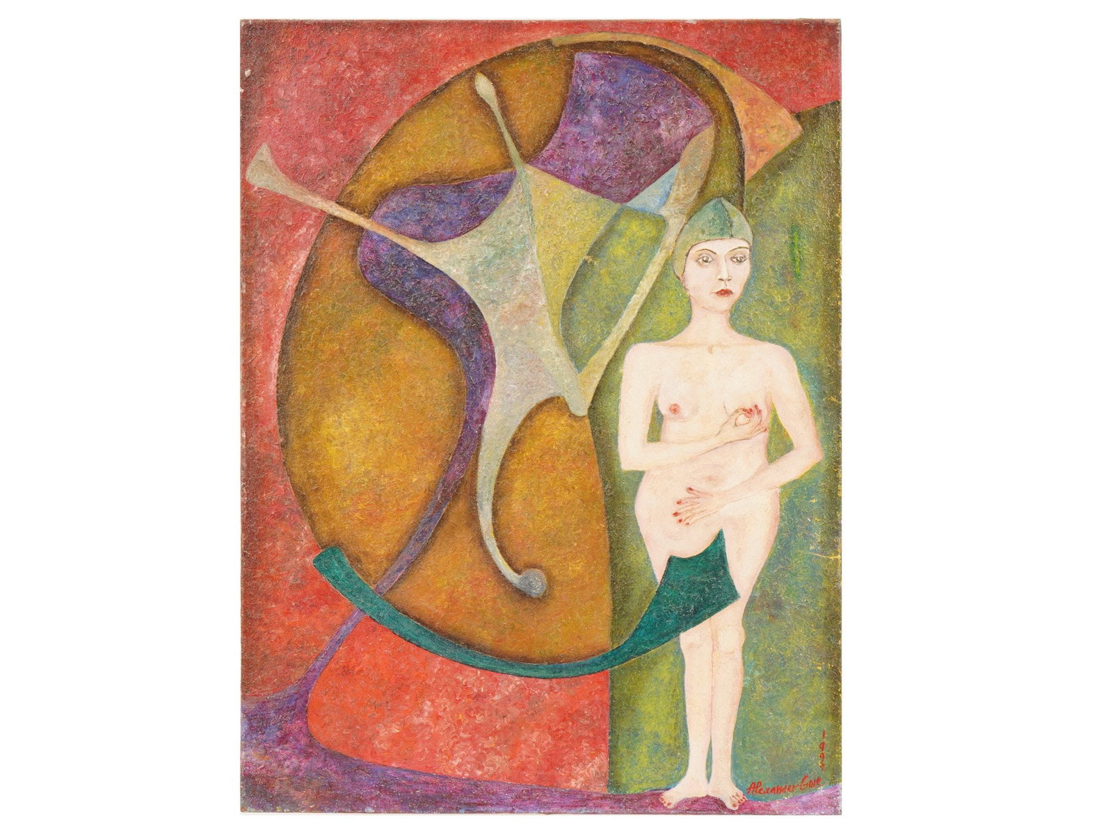RUSSIAN AMERICAN PAINTING BY ALEXANDER GORE 1999: A vintage oil on canvas painting by Russian American artist Alexander Gore, b. 1958, titled Out for new one, 1999. The painting features a female nude rendered in the artists signature style, characte