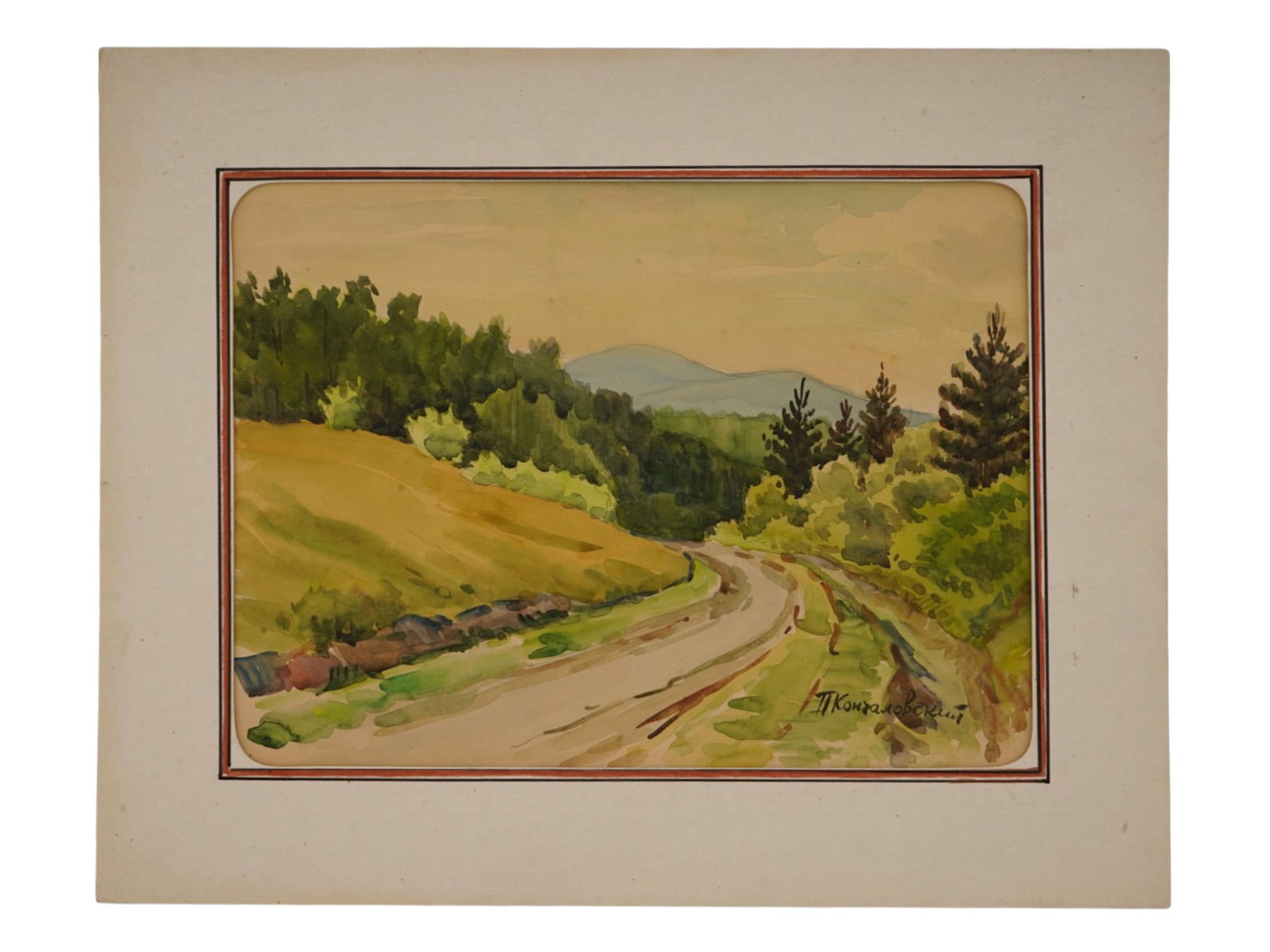 ATTR TO PYOTR KONCHALOVSKY RUSSIAN LANDSCAPE PAINTING: Attributed to Pyotr Konchalovsky, Russian, 1876 to 1956, a landscape watercolor painting on paper. The composition depicts a winding rural road through grassy hills, with deciduous trees, pine trees, 