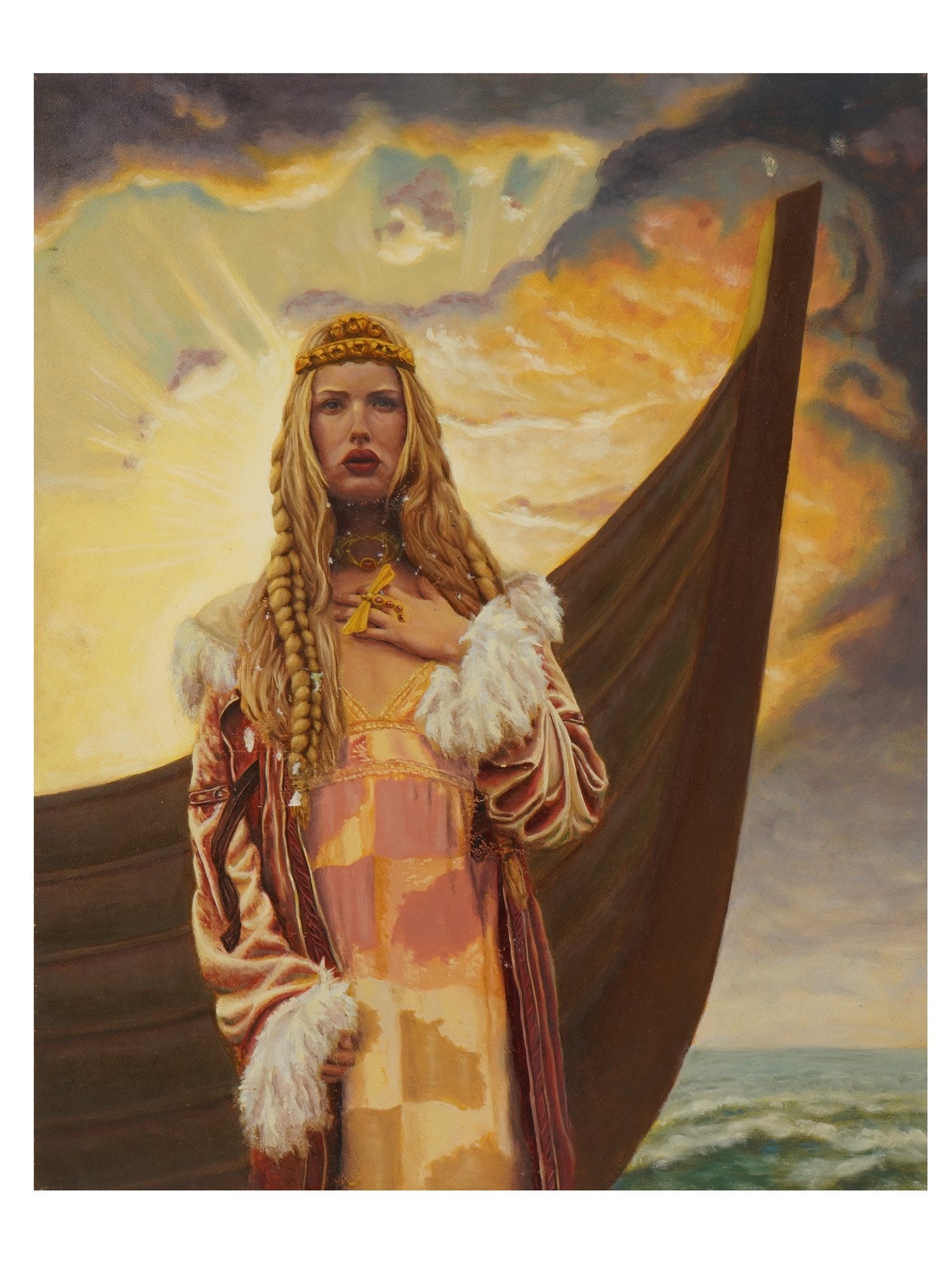 PAINTING BY RAVINDRA RANA PRAYER BEFORE THE STORM: A modern mixed-media painting on board titled A Prayer Before the Storm, created by Ravindra Rana in 1999. The composition depicts a Norse woman before a Viking longship, rendered with detailed drawin