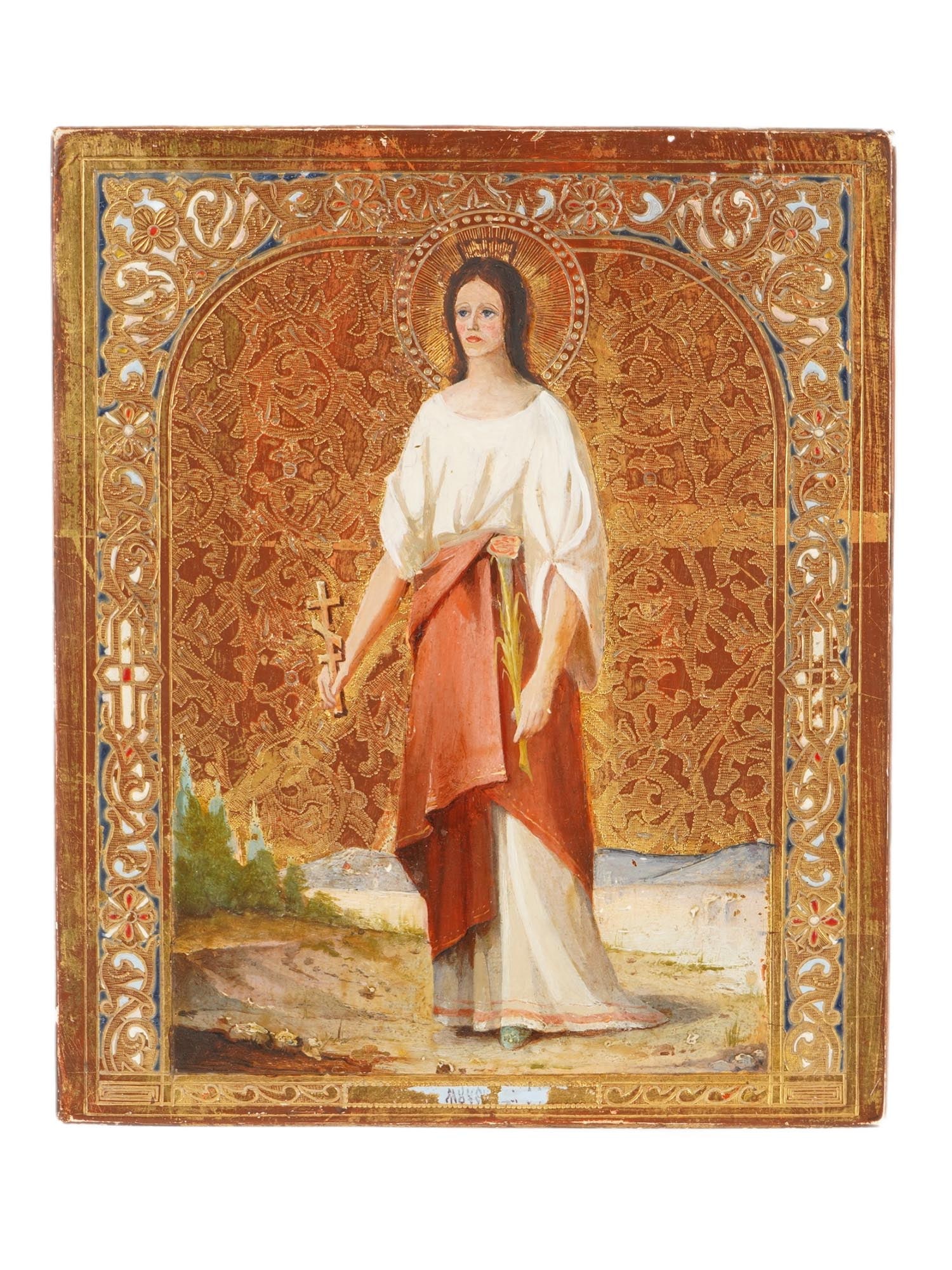 ANTIQUE RUSSIAN ORTHODOX ICON OF SAINT CATHERINE: An antique 19th century Russian icon of Saint Catherine of Alexandria, a Christian martyr revered as the patroness of learning, wisdom, and knowledge. The icon depicts the saint in royal robes with a 