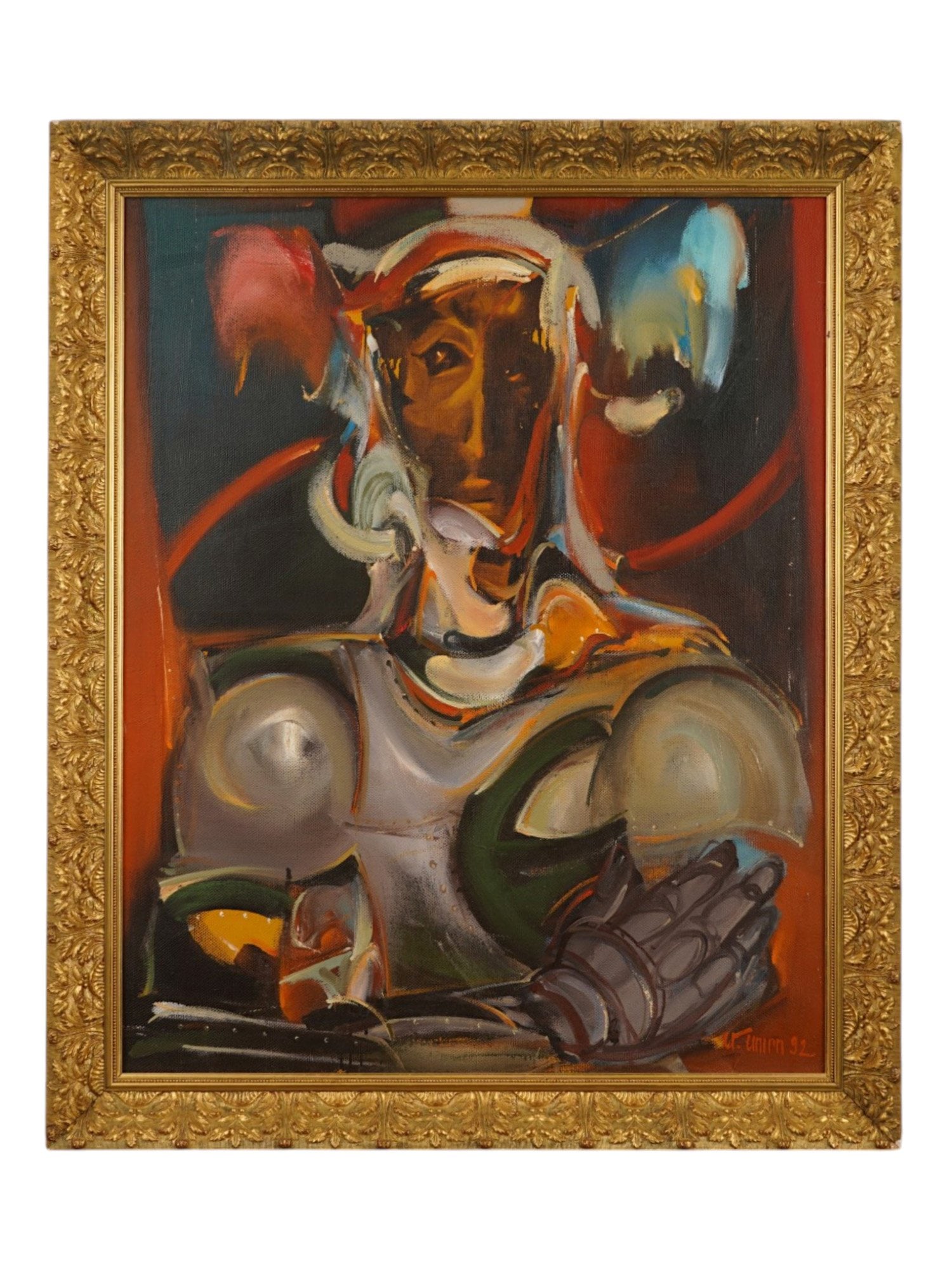 ARMENIAN SURREALIST PORTRAIT OIL PAINTING SIGNED: Oil painting on canvas. Abstract Surrealist portrait of a man in knight's armor. Signed in Armenian lower right and on the backside. Dated 1992. Framed. Collectible Fine Art, Contemporary Painting, Po