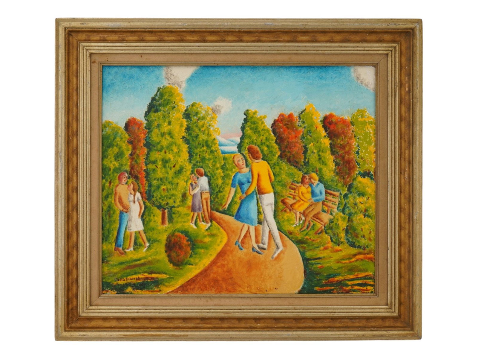 ELOISA SCHWAB AMERICAN GENRE SCENE OIL PAINTING: Eloisa Schwab, American, 1894 to 1990, oil painting on board. The artwork depicts several love couples in the park. Signed lower left. Undated. Framed. Born in Havana, Cuba, painter Eloisa Schwab was 