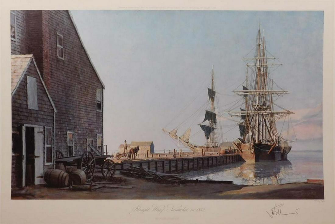 John Stobart: Straight Wharf, Nantucket in 1832: John Stobart: (British, 1929) Straight Wharf, Nantucket in 1832. Limited edition print. Signed and numbered, 440/750 in pencil, below. John Stobart is a British maritime artist known for his paintings