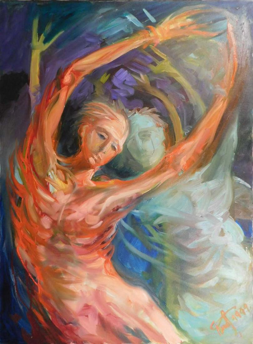 Boban Ilic: Figures in Motion: Boban Ilic (Yugoslavia, 1964): Figures in Motion, Acrylic on canvas, signed and dated (1997) lower right, unframed. 40 x 30 inches unframed.