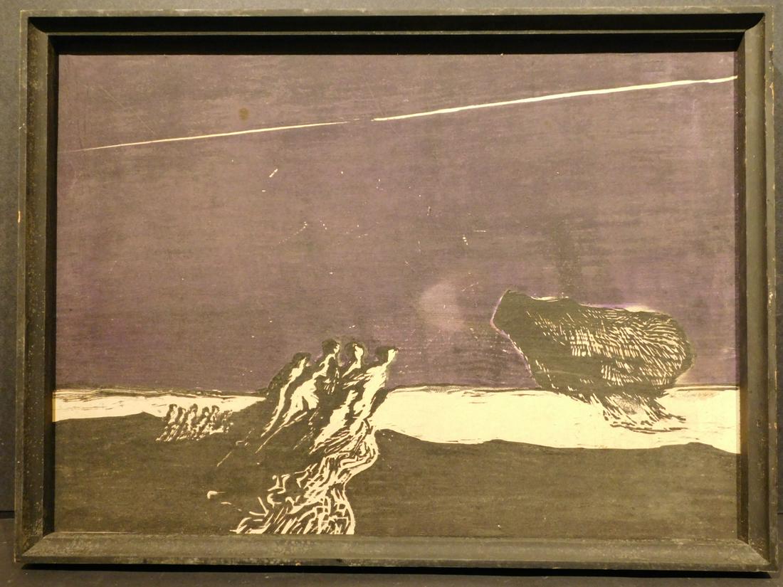 John Thompson: Woodcut Landscape: John Thompson (American, 1940- ) Untitled (Purple and Black Abstract Landscape), woodcut on paper laid to canvas, dated 1963 on back. Framed. John Thompson is a printmaker and teacher based out of Wal