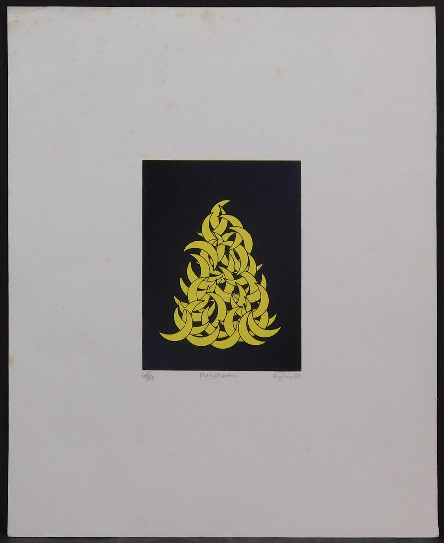 Patrick Hughes: Many Moons: Patrick Hughes (British, b. 1939 ): Many Moons, 1980. Silk screen print on paper. Signed, dated, and numbered (48/150) below in pencil. Framed. Patrick Hughes is a British artist working in London. He