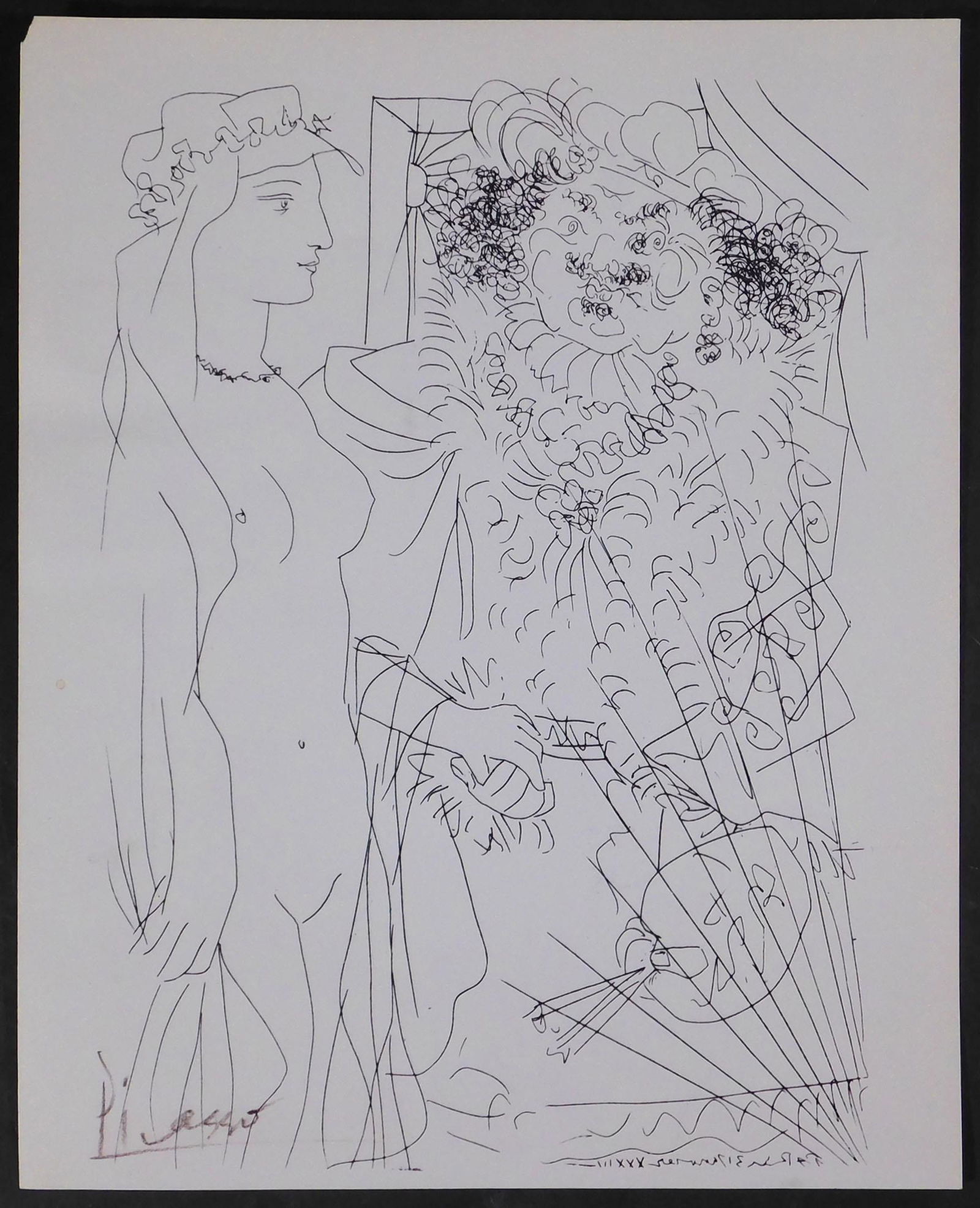 Style of Pablo Picasso: Nude and Self-portrait of Rembrandt/ Young woman and Self-portrait of: Style of Pablo Picasso (Spanish, 1881-1973): Nude and Self-portrait of Rembrandt/ Young woman and Self-portrait of Rembrandt. Double sided helio-lithograph, signed in crayon, unframed, limited edition