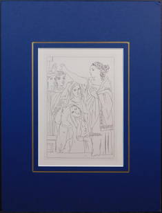 Pablo Picasso: Serment des Femmes: Pablo Picasso (Spanish, 1881-1973): Serment des Femmes. Intaglio print from Lysistrata. No. 6/60. Stamped verso "Origine Garantie." Unframed, Professionally mounted. Published by the George Macy