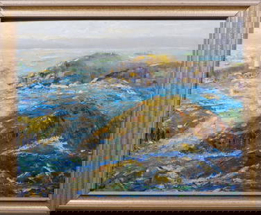 School of  Childe Hassam : Coastal Landscape: School of Childe Hassam (American, 1859-1935): Coastal Landscape. Oil on masonite, unsigned, framed. Frederick Childe Hassam was an American Impressionist painter, noted for his urban and coastal scen