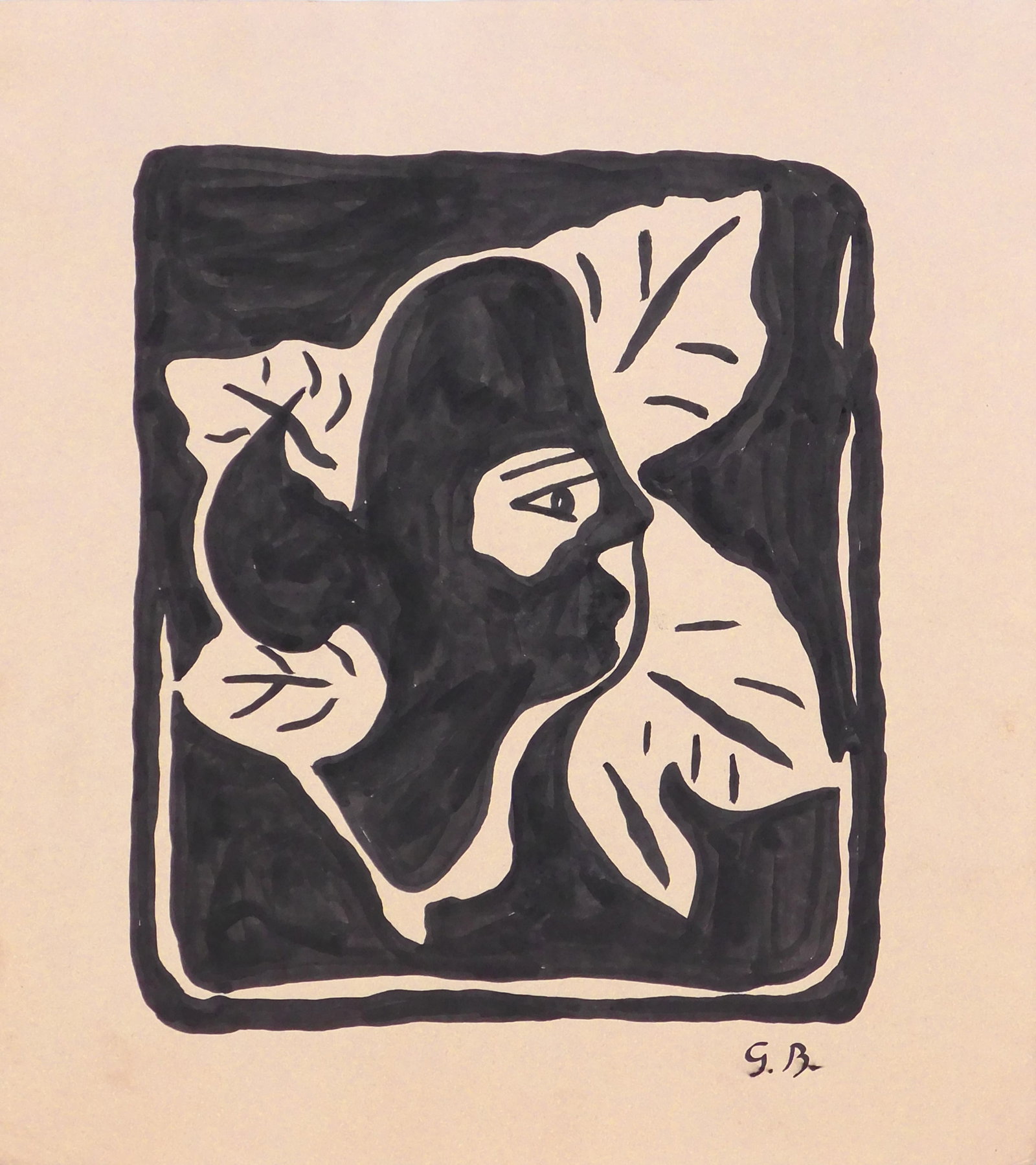 Georges Braque, Attributed/ Manner of: Visage d'une femme et feuilles: Georges Braque (French, 1882-1963) Attributed/ Manner of: Visage d'une femme et feuilles. Pen and ink on paper, initialed, unframed. Georges Braque was most well known for being the founder of Cubism
