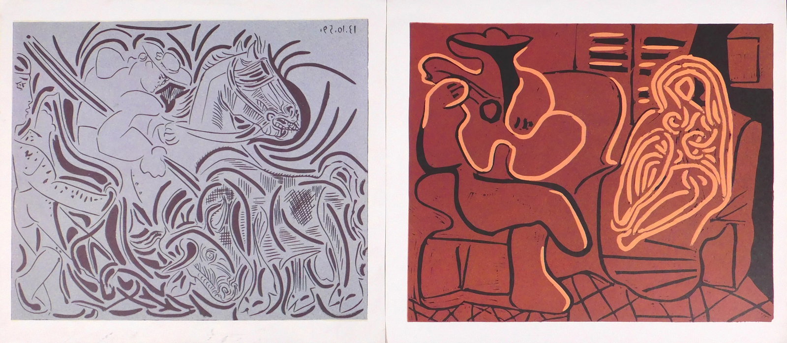 Pablo Picasso: Two Offset Lithographs: Pablo Picasso (Spanish, 1881-1973): Two Offset lithographs from an unknown edition, both unframed. 12.5 x 14 inches each with margins; 10.5 x 13 inches plate. Collection of a California Gentleman. Gre