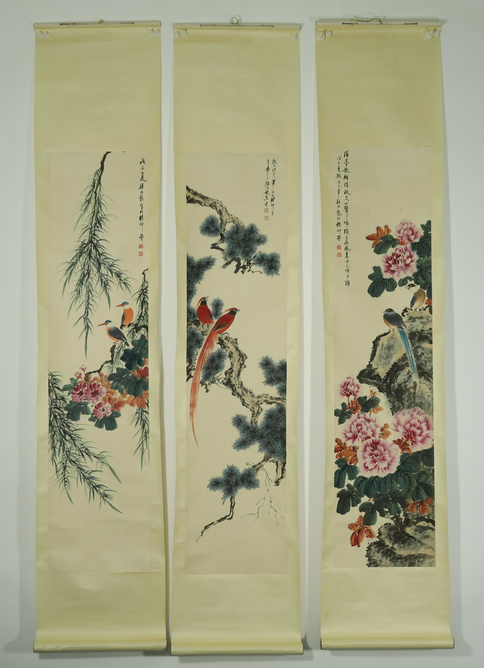 Yan Bo Long: Flower and Bird: A Chinese Painting Flower and Bird by Yan Bo Long Ink and Color on Paper Six Hanging Scrolls Chinese 20th Century Size: 133x32cm 颜伯龙花鸟六条屏纸